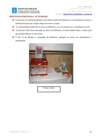 CEIP “TERRA CHÁ”
                                                                           Román, 35 VILALBA CP. 27.841
                                                                        Telf. 982 511 402 Fax 982 511 402

                                                            E-mai: ceip.terra.cha@edu.xunta.es
DESENVOLVEMENTO DA ACTIVIDADE:
     Colocarase un cartel propoñendo a actividade na porta da biblioteca e enviaraselles aos titores a
     información para que a fagan chegar aos nenos e nenas.
     As cartas poderán elaboralas na casa, na biblioteca, ou se os mestres así o consideran na aula.
     Colocarase unha furna decorada ao efecto na biblioteca. Ao lado haberá folios e sobres para
     que poidan elaborar as súas cartas.
     O día 14 de febreiro a encargada da biblioteca entregará ás cartas aos destinatarios e
     destinatarias.




                                           Furna e cartas




MEMORIA CURSO 11-12                                                                                  23
 