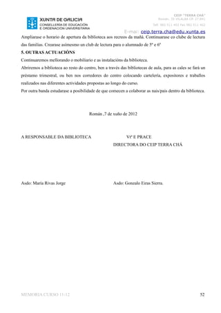 CEIP “TERRA CHÁ”
                                                                              Román, 35 VILALBA CP. 27.841
                                                                           Telf. 982 511 402 Fax 982 511 402

                                                         E-mai: ceip.terra.cha@edu.xunta.es
Ampliarase o horario de apertura da biblioteca aos recreos da mañá. Continuarase co clube de lectura
das familias. Crearase asímesmo un club de lectura para o alumnado de 5º e 6º
5. OUTRAS ACTUACIÓNS
Continuaremos mellorando o mobiliario e as instalacións da biblioteca.
Abriremos a biblioteca ao resto do centro, ben a través das bibliotecas de aula, para as cales se fará un
préstamo trimestral, ou ben nos corredores do centro colocando cartelería, expositores e traballos
realizados nas diferentes actividades propostas ao longo do curso.
Por outra banda estudarase a posibilidade de que comecen a colaborar as nais/pais dentro da biblioteca.




                                      Román ,7 de xuño de 2012




A RESPONSABLE DA BIBLIOTECA                                 Vtº E PRACE
                                                    DIRECTORA DO CEIP TERRA CHÁ




Asdo: María Rivas Jorge                             Asdo: Gonzalo Eiras Sierra.




MEMORIA CURSO 11-12                                                                                     52
 