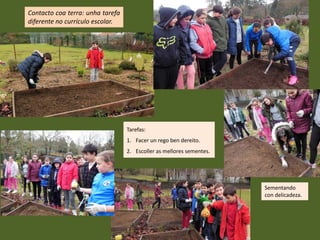 Tarefas:
1. Facer un rego ben dereito.
2. Escoller as mellores sementes.
Sementando
con delicadeza.
Contacto coa terra: unha tarefa
diferente no currículo escolar.
 
