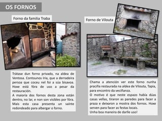 Forno da familia Traba Forno de Vilouta
Trátase dun forno privado, na aldea de
Ventosa. Contounos Iria, que a derradeira
persoa que coceu nel foi a súa bisavoa.
Hoxe está fóra de uso a pesar da
restauración.
A maioría dos fornos desta zona están
dentro, no lar, e non son visibles por fóra.
Mais esta casa presenta un saínte
redondeado para albergar o forno.
Chama a atención ver este forno nunha
praciña restaurada na aldea de Vilouta, Tapia,
para encontro da veciñanza.
O motivo é que neste espazo había dúas
casas vellas, tiraron as paredes para facer a
praza e deixaron a mostra dos fornos. Hoxe
serven para facer as festas locais.
Unha boa maneira de darlle uso!
OS FORNOS
 