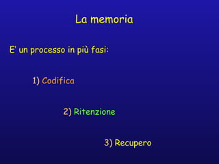 La memoria
E’ un processo in più fasi:
1) Codifica
2) Ritenzione
3) Recupero
 