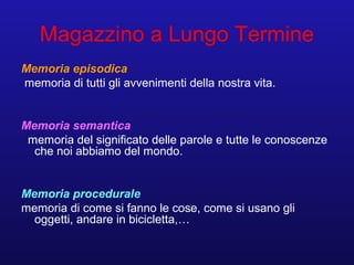 Magazzino a Lungo Termine
Memoria episodica
memoria di tutti gli avvenimenti della nostra vita.
Memoria semantica
memoria del significato delle parole e tutte le conoscenze
che noi abbiamo del mondo.
Memoria procedurale
memoria di come si fanno le cose, come si usano gli
oggetti, andare in bicicletta,…
 