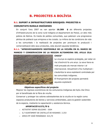 B. PROJECTES A BOLÍVIA

B.1. SUPORT A INFRASTRUCTURES BÀSIQUES: PROJECTES A
COMUNITATS RURALS INDÍGENES
 En conjunt l’any 2007 es van aportar 16.389               $ als diferents projectes
 d’infraestructures de la zona rural indígena al departament de Potosí, un dels més
 pobres de Bolívia. Es tracta de petites comunitats, que pateixen una progressiva
 pèrdua de població que emigrava a les ciutats. La millora de les condicions de vida
 a les comunitats i la realització de projectes per promoure la producció i
 comercialització dels seus productes, esta aturant aquesta tendència.
B.1.1. “APROVECHAMIENTO SOSTENIBLE DE LA VICUÑA EN EL MARCO DE
MANEJO Y CONSERVACION DE LA REGION ALTOANDINA DEL AYLLU JILA
                                             CHICO”
                                             La vicunya es espècie protegida, per estar en
                                             risc d’extinció fa uns anys. La seva llana es
                                             molt preuada als mercat interior i al
                                             internacional. Actualment s’ha multiplicat i
                                             s’autoritza la seva explotació controlada per
                                             les comunitats indígenes.
                                             El finançament del projecte permetrà
                                             aquesta explotació

          Objetivos específicos del projecto
 Mejorar los ingresos económicos de los comunarios Indígenas del Ayllu Jila Chico
 por el beneficiado de la fibra de vicuña.
 Conservar y proteger los valores sobresalientes de la vicuña en la región como
 espacios productores de bienes y servicios ambientales, para la gestión sostenible
 de la especie, mediante la capacitación y asistencia técnica.
           APORTACIÓ 8.572,79 $
    o   ACTIVITAT SOPAR SOLIDARI : 5504
    o   0,7 AJUNTAMENT DE CASTELLVÍ DE ROSANES: 2.253
    o   AMICS Mª JOSÉ FERNÁNDEZ: 815,79



                                                                                       10
 