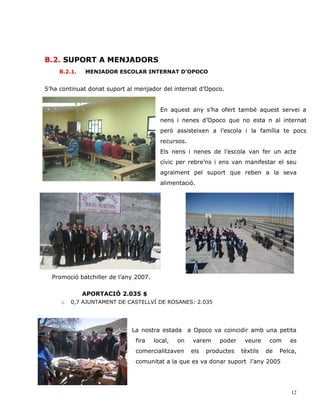B.2. SUPORT A MENJADORS
     B.2.1.   MENJADOR ESCOLAR INTERNAT D’OPOCO


S’ha continuat donat suport al menjador del internat d’Opoco.


                                         En aquest any s’ha ofert també aquest servei a
                                         nens i nenes d’Opoco que no esta n al internat
                                         però assisteixen a l’escola i la família te pocs
                                         recursos.
                                         Els nens i nenes de l’escola van fer un acte
                                         cívic per rebre’ns i ens van manifestar el seu
                                         agraïment pel suport que reben a la seva
                                         alimentació.




  Promoció batchiller de l’any 2007.        .

              APORTACIÓ 2.035 $
     o   0,7 AJUNTAMENT DE CASTELLVÍ DE ROSANES: 2.035




                             La nostra estada a Opoco va coincidir amb una petita
                              fira     local,   on   varem     poder    veure     com    es
                              comercialitzaven       els   productes   tèxtils   de   Pelca,
                              comunitat a la que es va donar suport l’any 2005




                                                                                          12
 