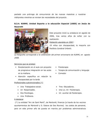 pactado una prórroga de concurrencia de las nuevas maestras y nuestras
intérpretes mientras se revisan las necesidades del proyecto.


B.3.4. KURMI. Unidad Soporte a la educación Especial (USEE) en Jesús de
Nazareth


                                             Este proyecto inició su andadura en agosto de
                                             2006, tras varios años de soñar con su
                                             realización.
                                             Población atendida en 2007:
                                             19 niños con discapacidad, la mayoría con
                                             Parálisis Cerebral Infantil.


La fotografia corresponde a la celebración del primer aniversario de KURMI, en agosto
2008.


Servicios que se prestan
    Escolarización en el aula con proyecto             Fisioterapia
     de progresiva integración en las aulas             Terapia de comunicación y lenguaje
     en la mañana.                                      Comedor
    Atención   específica   en   relación   la
     discapacidad por la tarde
Profesionales subvencionados (*)

     •   Una Trabajadora social.                     •   Tres Educadores.
     •   Un Responsable.                             •   Una Lic. En Fisioterapia.
     •   Dos Psicólogas.                             •   Un auxiliar de fisioterapia.
     •   Una Profesora.
A destacar
(*) La entidad “Arc de Sant Martí”, de Martorell, financia (a través de los vecinos
ayuntamientos de Martorell y S. Esteve de Ses Rovires) los costos de personal,
pero en este primer año de puesta en marcha por problemas administrativos



                                                                                        18
 