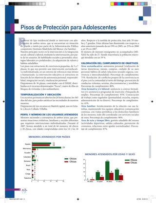 Pisos de Protección para Adolescentes

           R    Recursos de tipo residencial donde se interviene con ado-
                lescentes de ambos sexos, que se encuentran en situación
                de guarda o tutela por parte de la Administración Pública
                competente (Instituto Madrileño del Menor y la Familia).
                                                                                    años. Respecto a la medida de protección, han sido 59 tute-
                                                                                    las y 7 guardas. Estas últimas han disminuido con respecto a
                                                                                    años anteriores pasando de un 19% en 2005, un 25% en 2006
                                                                                    a un 3% en 2007.
                Nuestro principio rector en la intervención es la integración       El número de menores inmigrantes no acompañados (ME-
                social, cultural y laboral, mediante la interiorización, por par-   NAS) ha sido de 27. Siendo mayoritaria la población marro-
                te de los usuarios, de habilidades sociales y personales, estra-    quí atendida con un 39 %.
                tegias laborales y/o prelaborales y la adquisición de valores y
                hábitos saludables.                                                 VALORACIÓN DEL CUMPLIMIENTO DE ObJETIVOS
                Los pisos son estructuras de convivencia pequeñas, de 5 a 7         Área socioeducativa: autonomía personal (realización de
                plazas, lo que nos permite una intervención socioeducati-           tareas domésticas, menús, compras, cuidado de su aseo
                va individualizada, en un entorno de referencia más íntimo          personal, hábitos de salud, relaciones sexuales seguras, con-
                y humanizado. La intervención educativa se estructura en            vivencia e interculturalidad). Porcentaje de cumplimiento:
                función de los objetivos de autonomía personal, responsabi-         75%. Resolución de conflictos propios de la convivencia en
                lidad, integración social y maduración personal.                    el piso y en la comunidad a través del dialogo, prevención de
                Disponemos de 36 plazas, contratadas con el IMMF, distri-           conductas violentas, sexistas, discriminatorias y xenófobas.
                buidas en 6 recursos denominados “Focus”, cuatro de ellas en        Porcentaje de cumplimiento: 80%.
                bloques de viviendas y dos unifamiliares.                           Área formativa y/o laboral: asistencia a centros formati-
                                                                                    vos y/o asistencia a programas de inserción y búsqueda de
                TEMPORALIZACIÓN Y UbICACIÓN                                         empleo. Porcentaje de cumplimiento: 85%. Consecución
                Los recursos permanecen abiertos las 24 horas diarias, los 365      de trabajo como regulador (puntualidad, escucha, respeto,
                días del año, para poder satisfacer las necesidades de nuestros     administración de su dinero). Porcentaje de cumplimien-
                usuarios.                                                           to: 45%.
                Disponemos de tres recursos en Madrid capital, uno en Geta-         Área familiar: fortalecimiento de la relación con sus fa-
                fe y dos en Collado-Villalba.                                       milias, manteniendo los equipos educativos comunicación
                                                                                    continua, con visitas periódicas a los domicilios familiares
                PERFIL Y NÚMERO DE LOS USUARIOS ATENDIDOS                           de los menores, todo ello coordinado con servicios sociales
                Menores nacionales y extranjeros de ambos sexos, que pre-           de zona. Porcentaje de cumplimiento: 98%.
                sentan situaciones evolutivas, familiares y sociales diferentes     Área de ocio y tiempo libre: gestión saludable del mismo
                que requieren intervenciones individualizadas. Durante el           (actividades deportivas, salidas culturales, prevención de
                2007, hemos atendido a un total de 66 menores, 46 chicos            consumos, relaciones entre iguales normalizadas). Porcen-
                y 20 chicas, con edades comprendidas entre los 14 y los 18          taje de cumplimiento: 87%.


                           MENORES ATENDIDOS POR PAÍSES

                       España
                                                           15
                                                           14
                                                                     23
                  Marruecos
                                             3
                                     1
                    Ecuador
                                     0                                                     MENORES ATENDIDOS POR EDAD Y SExO
                   Colombia
                                         2
                                     1                                    Chicos
                                             3                                        25
                                                                                                                23                      Chicos
                   Rumanía
                                     0                                    Chicas                                                        Chicas
                                                                                      20
                        Brasil
                                     1
                                     0
                                                                                      15
                                     0                                                                                    13
                        Perú
                                     1                                                                10
                                     0
                                                                                      10                             9
                       Congo                                                                                                   6
                                     1
                                                                                       5                   4
                                     1
                    Palestina
                                     0                                                      0    1
                                                                                       0
                                 0           5   10   15        20   25                     14 años   15 años   16 años   17 años




            8


Memoria2-2007.indd 8                                                                                                                          9/7/08 20:06:19
 