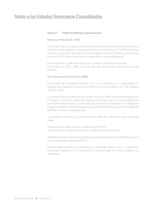 Notas a los Estados Financieros Consolidados
Estados Financieros Consolidados
Nota 41	 Medio Ambiente (continuación)
Inversiones Frimetal S.A. y filial
La Sociedad Filial con su planta de producción domiciliada en la ciudad de Rosario, provincia
de Santa Fé, está regulada en este aspecto por la Ley Provincial Nro. 11717/99 sobre medio
ambiente y desarrollo sustentable y su decreto reglamentario Nro.101/03, y por el decreto
provincial 101/03 sobre normas para el manejo de los residuos patológicos.
La Sociedad Filial cumple plenamente con la normativa ambiental mencionada.
En los ejercicios 2007 y 2006 no se han efectuado desembolsos significativos por este
concepto.
S.K. Inversiones Portuarias S.A. y filiales
La Sociedad S.K. Inversiones Portuarias S.A., por la naturaleza de sus operaciones, no
presenta desembolso por concepto de protección al medio ambiente al 31 de diciembre
de 2007 y 2006.
La sociedad filial PuertoVentanas S.A. durante el ejercicio 2007, ha ejecutado los programas
deVigilancia y Monitoreo Ambiental, tanto para sus instalaciones portuarias (muelle) como
para elTerminal de Asfaltos y Combustibles, de acuerdo a lo establecido en los respectivos
Estudios de ImpactoAmbiental,aprobados por laAutoridad Marítima y la Comisión Regional
del Medio Ambiente, respectivamente.
La Sociedad ha invertido, al 31 de diciembre de 2007, M$ 15.781 de acuerdo al siguiente
detalle:
Monitoreo de la calidad del aire y meteorología M$ 9.553
Monitoreo de las instalaciones portuarias y ambiente marino M $6.228
Además, se prevee mantener esos estudios ambientales durante el año 2008, por lo que se
han comprometido fondos por UF 915.
Mediante estos controles, la organización ha procurado cumplir con los compromisos
ambientales asumidos y con lo establecido en la ley de bases del medio ambiente y su
reglamento.
 