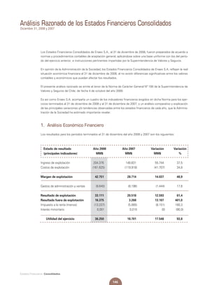 146
Estados Financieros Consolidados
Diciembre 31, 2008 y 2007
Análisis Razonado de los Estados Financieros Consolidados
Los Estados Financieros Consolidados de Enaex S.A., al 31 de diciembre de 2008, fueron preparados de acuerdo a
normas y procedimientos contables de aceptación general, aplicándose sobre una base uniforme con los del perío-
do del ejercicio anterior, e instrucciones pertinentes impartidas por la Superintendencia de Valores y Seguros.
En opinión de la Administración de la Sociedad, los Estados Financieros Consolidados de Enaex S.A. reflejan la real
situación económica financiera al 31 de diciembre de 2008, al no existir diferencias significativas entre los valores
contables y económicos que puedan afectar los resultados.
El presente análisis razonado se emite al tenor de la Norma de Carácter General Nº 100 de la Superintendencia de
Valores y Seguros de Chile, de fecha 4 de octubre del año 2000.
Es así como Enaex S.A. acompaña un cuadro de los indicadores financieros exigidos en dicha Norma para los ejer-
cicios terminados al 31 de diciembre de 2008 y al 31 de diciembre de 2007, y un análisis comparativo y explicación
de las principales variaciones y/o tendencias observadas entre los estados financieros de cada año, que la Adminis-
tración de la Sociedad ha estimado importante revelar.
1. Análisis Económico Financiero
Los resultados para los períodos terminados el 31 de diciembre del año 2008 y 2007 son los siguientes:
Estado de resultado 	 Año 2008 	 Año 2007	 Variación	 Variación
(principales indicadores)	 MM$	 MM$	 MM$	 %	
Ingreso de explotación	 204.376	 148.631	 55.744	 37,5
Costos de explotación	 (161.625)	 (119.918)	 (41.707)	 34,8
Margen de explotación	 42.751	 28.714	 14.037	 48,9
Gastos de administración y ventas	 (9.640)	 (8.196)	 (1.444)	 17,6
Resultado de explotación	 33.111	 20.518	 12.593	 61,4
Resultado fuera de explotación	 16.375	 3.268	 13.107	 401,0
Impuesto a la renta (menos)	 (13.237)	 (5.085)	 (8.151)	 160,3
Interés minoritario	 0,001	 0,010	 (0)	 (90,0)
	
	 Utilidad del ejercicio	 36.250	 18.701	 17.548	 93,8
 