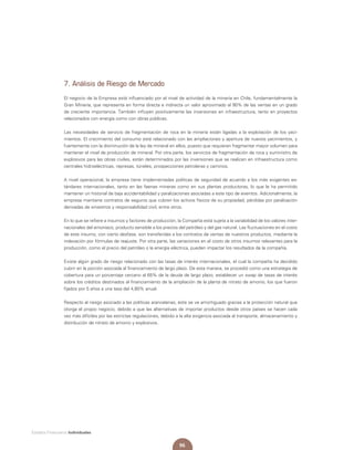 96
Estados Financieros Individuales
7. Análisis de Riesgo de Mercado
El negocio de la Empresa está influenciado por el nivel de actividad de la minería en Chile, fundamentalmente la
Gran Minería, que representa en forma directa e indirecta un valor aproximado al 90% de las ventas en un grado
de creciente importancia. También influyen positivamente las inversiones en infraestructura, tanto en proyectos
relacionados con energía como con obras públicas.
Las necesidades de servicio de fragmentación de roca en la minería están ligadas a la explotación de los yaci-
mientos. El crecimiento del consumo está relacionado con las ampliaciones y apertura de nuevos yacimientos, y
fuertemente con la disminución de la ley de mineral en ellos, puesto que requieren fragmentar mayor volumen para
mantener el nivel de producción de mineral. Por otra parte, los servicios de fragmentación de roca y suministro de
explosivos para las obras civiles, están determinados por las inversiones que se realicen en infraestructura como
centrales hidroeléctricas, represas, túneles, prospecciones petroleras y caminos.
A nivel operacional, la empresa tiene implementadas políticas de seguridad de acuerdo a los más exigentes es-
tándares internacionales, tanto en las faenas mineras como en sus plantas productoras, lo que le ha permitido
mantener un historial de baja accidentabilidad y paralizaciones asociadas a este tipo de eventos. Adicionalmente, la
empresa mantiene contratos de seguros que cubren los activos físicos de su propiedad, pérdidas por paralización
derivadas de siniestros y responsabilidad civil, entre otros.
En lo que se refiere a insumos y factores de producción, la Compañía está sujeta a la variabilidad de los valores inter-
nacionales del amoníaco, producto sensible a los precios del petróleo y del gas natural. Las fluctuaciones en el costo
de este insumo, con cierto desfase, son transferidas a los contratos de ventas de nuestros productos, mediante la
indexación por fórmulas de reajuste. Por otra parte, las variaciones en el costo de otros insumos relevantes para la
producción, como el precio del petróleo o la energía eléctrica, pueden impactar los resultados de la compañía.
Existe algún grado de riesgo relacionado con las tasas de interés internacionales, el cual la compañía ha decidido
cubrir en la porción asociada al financiamiento de largo plazo. De esta manera, se procedió como una estrategia de
cobertura para un porcentaje cercano al 65% de la deuda de largo plazo, establecer un swap de tasas de interés
sobre los créditos destinados al financiamiento de la ampliación de la planta de nitrato de amonio, los que fueron
fijados por 5 años a una tasa del 4,80% anual.
Respecto al riesgo asociado a las políticas arancelarias, éste se ve amortiguado gracias a la protección natural que
otorga el propio negocio, debido a que las alternativas de importar productos desde otros países se hacen cada
vez más difíciles por las estrictas regulaciones, debido a la alta exigencia asociada al transporte, almacenamiento y
distribución de nitrato de amonio y explosivos.
 