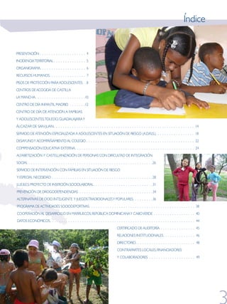 Índice


PRESENTACIÓN                              4
INCIDENCIA TERRITORIAL                    5
ORGANIGRAMA                               6
RECURSOS HUMANOS                          7
PISOS DE PROTECCIÓN PARA ADOLESCENTES     8
CENTROS DE ACOGIDA DE CASTILLA
LA MANCHA                                10
CENTRO DE DÍA INFANTIL MADRID            12
CENTRO DE DÍA DE ATENCIÓN A FAMILIAS
Y ADOLESCENTES TOLEDO, GUADALAJARA Y
ÁLCAZAR DE SAN JUAN                                                                                   14
SERVICIO DE ATENCIÓN ESPECIALIZADA A ADOLESCENTES EN SITUACIÓN DE RIESGO (A D R I S )                 18
DESAYUNO Y ACOMPAÑAMIENTO AL COLEGIO                                                                  22
COMPENSACIÓN EDUCATIVA EXTERNA                                                                        24
ALFABETIZACIÓN Y CASTELLANIZACIÓN DE PERSONAS CON DIFICULTAD DE INTEGRACIÓN
SOCIAL                                                                            26
SERVICIO DE INTERVENCIÓN CON FAMILIAS EN SITUACIÓN DE RIESGO
Y ESPECIAL NECESIDAD                                                               28
J U E B E S PROYECTO DE INSERCIÓN SOCIOLABORAL                                     31
PREVENCIÓN DE DROGODEPENDENCIAS                                                    34
ALTERNATIVAS DE OCIO INTELIGENTE Y JUEGOS TRADICIONALES Y POPULARES                36
PROGRAMA DE ACTIVIDADES SOCIODEPORTIVAS                                                               38
COOPERACIÓN AL DESARROLLO EN MARRUECOS, REPÚBLICA DOMINICANA Y CABO VERDE                             40
DATOS ECONÓMICOS                                                                                      44
                                                             CERTIFICADO DE AUDITORÍA                 45
                                                             RELACIONES INSTITUCIONALES               46
                                                             DIRECTORIO                               48
                                                             CONTRAPARTES LOCALES, FINANCIADORES
                                                             Y COLABORADORES                          49
 