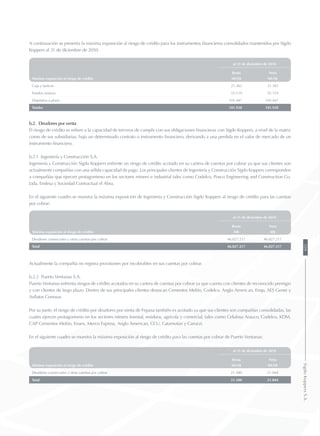 A continuación se presenta la máxima exposición al riesgo de crédito para los instrumentos financieros consolidados mantenidos por Sigdo
Koppers al 31 de diciembre de 2010:
al 31 de diciembre de 2010
Bruta Neta
Máxima exposición al riesgo de crédito MUS$ MUS$
Caja y bancos 21.362 21.362
Fondos mutuos 55.119 55.119
Depósitos a plazo 105.447 105.447
Totales 181.928 181.928
b.2. Deudores por venta
El riesgo de crédito se refiere a la capacidad de terceros de cumplir con sus obligaciones financieras con Sigdo Koppers, a nivel de la matriz
como de sus subsidiarias, bajo un determinado contrato o instrumento financiero, derivando a una perdida en el valor de mercado de un
instrumento financiero.
b.2.1 Ingeniería y Construcción S.A.
Ingeniería y Construcción Sigdo Koppers enfrente un riesgo de crédito acotado en su cartera de cuentas por cobrar ya que sus clientes son
actualmente compañías con una sólida capacidad de pago. Los principales clientes de Ingeniería y Construcción Sigdo Koppers corresponden
a compañías que ejercen protagonismo en los sectores minero e industrial tales como Codelco, Posco Engineering and Construction Co.
Ltda, Endesa y Sociedad Contractual el Abra.
En el siguiente cuadro se muestra la máxima exposición de Ingeniería y Construcción Sigdo Koppers al riesgo de crédito para las cuentas
por cobrar:
al 31 de diciembre de 2010
Bruta Neta
Máxima exposición al riesgo de crédito M$ M$
Deudores comerciales y otras cuentas por cobrar 46.027.217 46.027.217
Total 46.027.217 46.027.217
Actualmente la compañía no registra provisiones por incobrables en sus cuentas por cobrar.
b.2.2 Puerto Ventanas S.A.
Puerto Ventanas enfrenta riesgos de crédito acotados en su cartera de cuentas por cobrar ya que cuenta con clientes de reconocido prestigio
y con clientes de largo plazo. Dentro de sus principales clientes destacan Cementos Melón, Codelco, Anglo American, Enap, AES Gener y
Asflatos Conosur.
Por su parte, el riesgo de crédito por deudores por venta de Fepasa también es acotado ya que sus clientes son compañías consolidadas, las
cuales ejercen protagonismo en los sectores minero forestal, residuos, agrícola y comercial, tales como Celulosa Arauco, Codelco, KDM,
CAP Cementos Melón, Enaex, Merco Express, Anglo American, CCU, Catamutún y Carozzi.
En el siguiente cuadro se muestra la máxima exposición al riesgo de crédito para las cuentas por cobrar de Puerto Ventanas:
al 31 de diciembre de 2010
Bruta Neta
Máxima exposición al riesgo de crédito MUS$ MUS$
Deudores comerciales y otras cuentas por cobrar 21.580 21.044
Total 21.580 21.044
109SigdoKoppersS.A.
 