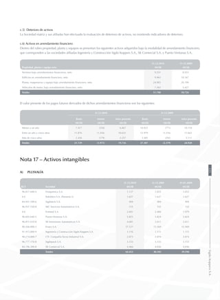 c.5) Deterioro de activos
La Sociedad matriz y sus afiliadas han efectuado la evaluación de deterioro de activos, no existiendo indicadores de deterioro.
c.6) Activos en arrendamiento financiero
Dentro del rubro propiedad, planta y equipos se presentan los siguientes activos adquiridos bajo la modalidad de arrendamiento financiero,
que corresponden a las sociedades afiliadas Ingeniería y Construcción Sigdo Koppers S.A., SK Comercial S.A. y Puerto Ventanas S.A..
31.12.2010 31.12.2009
Propiedad, planta y equipo neto MUS$ MUS$
Terrenos bajo arrendamientos financieros, neto 9.551 8.933
Edificios en arrendamiento financiero, neto 9.963 10.167
Planta, maquinarias y equipo bajo arrendamiento financiero, neto 24.903 26.199
Vehículos de motor, bajo arrendamiento financiero, neto 7.363 5.427
Totales 51.780 50.726
El valor presente de los pagos futuros derivados de dichos arrendamientos financieros son los siguientes:
31.12.2010 31.12.2009
Bruto Interés Valor presente Bruto Interés Valor presente
MUS$ MUS$ MUS$ MUS$ MUS$ MUS$
Menor a un año 7.417 (550) 6.867 10.925 (771) 10.154
Entre un año y cinco años 11.876 (1.244) 10.632 12.979 (1.316) 11.663
Más de cinco años 2.436 (179) 2.257 3.403 (292) 3.111
Totales 21.729 (1.973) 19.756 27.307 (2.379) 24.928
Nota 17 – Activos intangibles
a)	 Plusvalía
31.12.2010 31.12.2009 01.01.2009
RUT Sociedad MUS$ MUS$ MUS$
96.817.640-4 Frioquímica S.A. 1.137 1.053 1.053
0-E Ilaholdco S.A. (Panamá) (i) 1.627 1.627 1.627
84.441.100-6 Sigdoteck S.A. 404 404 404
96.937.550-8 SKC Servicios Automotrices S.A. 153 153 153
0-E Frimetal S.A 2.691 2.484 1.979
96.602.640-5 Puerto Ventanas S.A. 5.825 5.824 5.824
96.851.610-8 SK Inversiones Automotrices S.A. 4.681 2.611 2.611
90.266.000-3 Enaex S.A. 37.127 15.569 15.569
91.915.000-9 Ingeniería y Construcción Sigdo Koppers S.A. 1.116 1.115 1.115
90.274.000-7 CTI Compañía Tecno Industrial S.A. 2.073 2.074 2.074
96.777.170-8 Sigdopack S.A. 3.153 3.153 3.153
84.196.300-8 SK Comercial S.A. 4.466 4.036 4.036
Totales 64.453 40.103 39.598
125SigdoKoppersS.A.
 