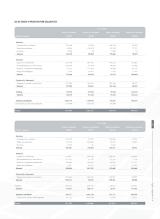 d) Activos y pasivos por segmento
31.12.2010
Activos y pasivos
Activos corrientes Activos no corrientes Pasivos corrientes Pasivos no corrientes
MUS$ MUS$ MUS$ MUS$
Servicios
Construcción y montaje 126.248 85.282 108.749 23.005
Negocios portuarios 34.636 256.530 85.150 75.115
Servicios 3.285 38 1.782 54
Subtotal 164.169 341.850 195.681 98.174
Industrial
Explosivos industriales 221.760 461.433 149.237 132.067
Electrodomésticos y línea blanca 210.584 64.359 99.040 11.985
Plásticos y Polímeros industriales 76.812 115.833 59.959 50.325
Planta de Hidrógeno 3.250 26.011 3.934 12.507
Subtotal 512.406 667.636 312.170 206.884
Comercial y Automotriz
Maquinaría pesada y automotriz 172.990 184.431 181.444 48.972
Subtotal 172.990 184.431 181.444 48.972
Holding 154.149 575.245 29.330 136.444
Subtotal 154.149 575.245 29.330 136.444
Subtotal consolidado 1.003.714 1.769.162 718.625 490.474
Conciliación ajustes intercompañía (65.809) (502.835) (65.809) -
Totales 937.905 1.266.327 652.816 490.474
31.12.2009
Activos y pasivos
Activos corrientes Activos no corrientes Pasivos corrientes Pasivos no corrientes
MUS$ MUS$ MUS$ MUS$
Servicios
Construcción y montaje 120.278 72.559 110.466 21.592
Negocios portuarios 29.354 244.389 32.140 73.422
Servicios 2.764 36 2.765 -
Subtotal 152.396 316.984 145.371 95.014
Industrial
Explosivos industriales 170.951 449.158 108.103 144.956
Electrodomésticos y línea blanca 157.782 52.192 52.728 7.134
Plásticos y Polímeros industriales 59.696 105.975 65.382 21.257
Planta de Hidrógeno 2.027 25.226 3.195 12.301
Subtotal 390.456 632.551 229.408 185.648
Comercial y Automotriz
Maquinaría pesada y automotriz 156.644 145.116 138.581 58.289
Subtotal 156.644 145.116 138.581 58.289
Holding 143.615 568.577 20.415 125.463
Subtotal 143.615 568.577 20.415 125.463
Subtotal consolidado 843.111 1.663.228 533.775 464.414
Conciliación ajustes intercompañía (31.513) (497.160) (5.922) 25.551
Totales 811.598 1.166.068 527.823 489.965
149SigdoKoppersS.A.
 