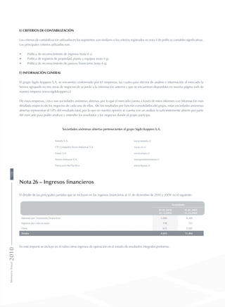 e) Criterios de contabilización
Los criterios de contabilización utilizados en los segmentos, son similares a los criterios registrados en nota 4 de políticas contables significativas.
Los principales criterios utilizados son:
•	 Política de reconocimiento de ingresos (nota 4 v).
•	 Política de registros de propiedad, planta y equipos (nota 4 g).
•	 Política de reconocimiento de pasivos financieros (nota 4 q).
f) Información general
El grupo Sigdo Koppers S.A. se encuentra conformado por 65 empresas, las cuales para efectos de análisis e información al mercado la
hemos agrupado en tres áreas de negocios de acuerdo a la información anterior y que se encuentran disponibles en nuestra página web de
nuestra empresa www.sigdokoppers.cl.
De estas empresas, cinco son sociedades anónimas abiertas, por lo que el mercado cuenta a través de estos informes con información más
detallada respecto de los negocios de cada una de ellas. De los resultados por función consolidados del grupo, estas sociedades anónimas
abiertas representan el 54% del resultado total, por lo que en nuestra opinión se cuenta con un análisis lo suficientemente abierto por parte
del mercado para poder analizar y entender los resultados y los negocios donde el grupo participa.
Sociedades anónimas abiertas pertenecientes al grupo Sigdo Koppers S.A.
Somela S.A. www.somela.cl
CTI Compañía Tecno Industrial S.A. www.cti.cl
Enaex S.A. www.enaex.cl
Puerto Ventanas S.A. wwwpuertoventanas.cl
Ferrocarril del Pacífico www.fepasa.cl
Nota 26 – Ingresos financieros
El detalle de las principales partidas que se incluyen en los ingresos financieros al 31 de diciembre de 2010 y 2009 es el siguiente:
Acumulado
01.01.2010
31.12.2010
01.01.2009
31.12.2009
Intereses por inversiones financieras 3.880 8.369
Ingresos por colocaciones 198 353
Otros 615 2.682
Totales 4.693 11.404
En este importe se incluye en el rubro otros ingresos de operación en el estado de resultados integrales proforma.
MemoriaAnual2010150
 