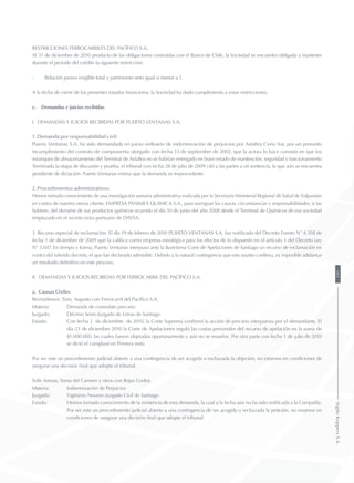 Restricciones Ferrocarriles del Pacífico S.A.
Al 31 de diciembre de 2010 producto de las obligaciones contraídas con el Banco de Chile, la Sociedad se encuentra obligada a mantener
durante el período del crédito la siguiente restricción:
- 	 Relación pasivo exigible total y patrimonio neto igual o menor a 1.
A la fecha de cierre de los presentes estados financieros, la Sociedad ha dado cumplimiento a estas restricciones.
c.	 Demandas y juicios recibidas
I. Demandas y juicios recibidas por Puerto Ventanas S.A.
1. Demanda por responsabilidad civil:
Puerto Ventanas S.A. ha sido demandada en juicio ordinario de indemnización de perjuicios por Asfaltos Cono Sur, por un presunto
incumplimiento del contrato de compraventa otorgado con fecha 13 de septiembre de 2002, que la actora lo hace consistir en que los
estanques de almacenamiento del Terminal de Asfaltos no se habrían entregado en buen estado de mantención, seguridad y funcionamiento
Terminada la etapa de discusión y prueba, el tribunal con fecha 28 de julio de 2009 citó a las partes a oír sentencia, la que aún se encuentra
pendiente de dictación. Puerto Ventanas estima que la demanda es improcedente.
2. Procedimientos administrativos:
Hemos tomado conocimiento de una investigación sumaria administrativa realizada por la Secretaría Ministerial Regional de Salud de Valparaíso
en contra de nuestro otrora cliente, EMPRESA PANIMEX QUIMICA S.A., para averiguar las causas, circunstancias y responsabilidades, si las
hubiere, del derrame de sus productos químicos ocurrido el día 10 de junio del año 2008 desde el Terminal de Químicos de esa sociedad
emplazado en el recinto extra portuario de DAVSA.
3. Recurso especial de reclamación. El día 19 de febrero de 2010 PUERTO VENTANAS S.A. fue notificada del Decreto Exento N° 4.358 de
fecha 1 de diciembre de 2009 que la califica como empresa estratégica para los efectos de lo dispuesto en el artículo 3 del Decreto Ley
N° 3.607. En tiempo y forma, Puerto Ventanas interpuso ante la Ilustrísima Corte de Apelaciones de Santiago un recurso de reclamación en
contra del referido decreto, el que fue declarado admisible. Debido a la natural contingencia que este asunto conlleva, es imposible adelantar
un resultado definitivo en este proceso.
II. Demandas y juicios recibidas por Ferrocarril del Pacífico S.A.
a. Causas Civiles
Bezmalinovic Toro, Augusto con Ferrocarril del Pacífico S.A.
Materia: 	 Demanda de comodato precario
Juzgado: 	 Décimo Sexto Juzgado de Letras de Santiago
Estado:	 Con fecha 2 de diciembre de 2010, la Corte Suprema confirmó la acción de precario interpuesta por el demandante. El
día 23 de diciembre 2010 la Corte de Apelaciones reguló las costas personales del recurso de apelación en la suma de
$1.000.000, las cuales fueron objetadas oportunamente y aún no se resuelve. Por otra parte con fecha 1 de julio de 2010
se dictó el cúmplase en Primera insta
Por ser este un procedimiento judicial abierto a una contingencia de ser acogida o rechazada la objeción, no estamos en condiciones de
asegurar una decisión final que adopte el tribunal.
Solís Arenas, Sonia del Carmen y otros con Rojas Godoy.
Materia:	 Indemnización de Perjuicios
Juzgado:	 Vigésimo Noveno Juzgado Civil de Santiago
Estado:	 Hemos tomado conocimiento de la existencia de esta demanda, la cual a la fecha aún no ha sido notificada a la Compañía.
Por ser este un procedimiento judicial abierto a una contingencia de ser acogida o rechazada la petición, no estamos en
condiciones de asegurar una decisión final que adopte el tribunal.
161SigdoKoppersS.A.
 