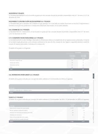 Sigdopack y filiales:
La Sociedad filial Sigdopack no ha incurrido en gastos por este concepto durante los períodos comprendidos entre el 1° de enero y el 31 de
diciembre de 2010.
Ingeniería y Construcción Sigdo Koppers S.A. y filiales
La Sociedad filial, por la naturaleza de la industria en que participa, no ve afectados sus estados financieros en relación al mejoramiento o
inversión en los procesos productivos o instalaciones industriales relacionadas con el medio ambiente.
S.K. Comercial S.A. y filiales
La Sociedad filial S.K. Comercial S.A. no ha incurrido en gastos por este concepto durante los períodos comprendidos entre el 1° de enero
y el 31 de diciembre de 2010.
C.T.I. Compañía Tecno Industrial S.A. y filiales
La Sociedad mantiene un plan estratégico abarcando las dimensiones relativas al cumplimiento de las regularizaciones ambientales. A la fecha
la Sociedad cumple plenamente con la normativa ambiental en las áreas de riles, manejo de rises, higiene y seguridad industrial, control de
emisión de material particulado y normativas de construcción.
El detalle de los gastos es el siguiente:
Acumulado
01.01.2010
31.12.2010
01.01.2009
31.12.2009
MUS$ MUS$
Monitoreo calidad de aire 22 17
Manejo de residuos 34 12
Tratamiento de riles 30 22
Otros 68 53
Total 154 104
S.K. Inversiones Portuarias S.A. y filiales
El detalle de los gastos realizados por concepto de medio ambiente al 31 de diciembre de 2010 es el siguiente:
Acumulado
01.01.2010
31.12.2010
Acumulado
01.01.2009
31.12.2009
Concepto MUS$ MUS$
Monitoreo calidad del aire y ambiente marino 72 33
Totales 72 33
Enaex S.A. y filiales
El detalle de los gastos realizados por concepto de medio ambiente al 31 de diciembre de 2010 y 31 de diciembre de 2009 es el siguiente:
31.12.2010 31.12.2009
Concepto MUS$ MUS$
Reducción de emisión de contaminantes 4.579 3.735
Plan de vigilancia ambiental acuático 47 15
Monitoreo de emisiones de material particulado 50 8
Monitoreo de chimeneas 32 6
Planta de mezclado de aceites usados - 132
Bombas recolectoras posibles derrames - 19
Totales 4.708 3.915
163SigdoKoppersS.A.
 