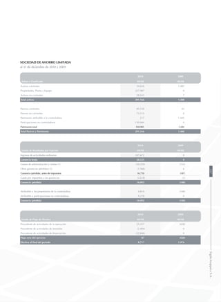 Sociedad de Ahorro Limitada	
al 31 de diciembre de 2010 y 2009
Balance Clasificado
2010 2009
MUS$ MUS$
Activos corrientes 34.636 1.481
Propiedades, Planta y Equipo 227.987 0
Activos no corrientes 28.543 7
Total activos 291.166 1.488
Pasivos corrientes 85.150 43
Pasivos no corrientes 75.115 0
Patrimonio atribuible a la controladora 217 1.445
Participaciones no controladoras 130.684 0
Patrimonio total 130.901 1.445
Total Pasivos y Patrimonio 291.166 1.488
Estado de Resultados por Función
2010 2009
MUS$ MUS$
Ingresos de actividades ordinarias 107.672 0
Ganancia bruta 28.535 0
Gastos de administración y ventas (1) (10.259) (153)
Otras ganancias (pérdidas) (2) (1.566) 6
Ganancia (pérdida), antes de impuestos 16.710 (147)
Gasto por impuestos a las ganancias (2.618) (1)
Ganancia (pérdida) 14.092 (148)
Atribuible a los propietarios de la controladora 4.814 (148)
Atribuible a participaciones no controladoras 9.278 0
Ganancia (pérdida) 14.092 (148)
Estado de Flujo de Efectivo
2010 2009
MUS$ MUS$
Procedente de actividades de la operación 25.337 (428)
Procedente de actividades de inversión (2.404) 0
Procedente de actividades de financiación (22.846) 0
Flujo neto del ejercicio 87 (428)
Efectivo al final del periodo 8.717 1.476
207SigdoKoppersS.A.
 