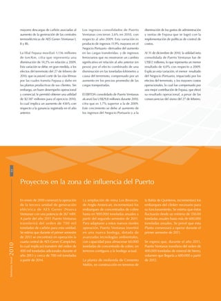 mayores descargas de carbón asociadas al
aumento de la generación de las centrales
termoeléctricas de AES Gener (Ventanas I,
II y III).
La filial Fepasa movilizó 1.136 millones
de ton/Km, cifra que representa una
disminución de 14,2% en relación a 2009.
Esta variación se debe, en gran medida, a los
efectos del terremoto del 27 de febrero de
2010, que ocasionó corte de las vías férreas
por las cuales transita Fepasa y daño en
las plantas productivas de sus clientes. Sin
embargo, un buen desempeño operacional
y comercial, le permitió obtener una utilidad
de $2.187 millones para el ejercicio 2010,
lo cual implica un aumento de 436% con
respecto a la ganancia registrada en el año
anterior.
Los ingresos consolidados de Puerto
Ventanas crecieron 3,6% en 2010, con
respecto al año 2009. Esta variación es
producto de ingresos 11,9% mayores en el
Negocio Portuario -derivados del aumento
en las cargas transferidas- y de ingresos
ferroviarios que no mostraron un cambio
significativo en relación al año anterior (en
pesos) por el efecto combinado de una
disminución en las toneladas-kilómetro a
causa del terremoto, compensado por un
aumento en los precios promedio de las
cargas transportadas.
El EBITDA consolidado de Puerto Ventanas
alcanzó los US$29,8 millones durante 2010,
cifra que es 1,7% superior a la de 2009.
Este crecimiento se debe al aumento de
los ingresos del Negocio Portuario y a la
En enero de 2010 comenzó la operación
de la tercera unidad de generación
eléctrica de AES Gener (Nueva
Ventanas) con una potencia de 267 MW.
A partir del año 2011 Puerto Ventanas
transferirá del orden de 700 mil
toneladas de carbón para esta unidad.
Se estima que durante el primer semestre
de 2013 se encontrará en operación la
cuarta central de AES Gener (Campiche),
lo cual implicará transferir del orden de
400 mil toneladas adicionales durante el
año 2013 y cerca de 700 mil toneladas
a partir de 2014.
Proyectos en la zona de influencia del Puerto
disminución de los gastos de administración
y ventas de Fepasa que se logró con la
implementación de políticas de control de
costos.
Al 31 de diciembre de 2010, la utilidad neta
consolidada de Puerto Ventanas fue de
US$12 millones, lo que representa un menor
resultado de 4,0% con respecto a 2009.
Explican esta variación, el menor resultado
del Negocio Portuario, impactado por los
efectos del terremoto, y los mayores costos
operacionales, lo cual fue compensado por
una mejor contribución de Fepasa, que elevó
su resultado operacional, a pesar de las
consecuencias del sismo del 27 de febrero.
La ampliación de mina Los Bronces,
de Anglo American, incrementará los
embarques de concentrados de cobre
hasta en 900.000 toneladas anuales a
partir del segundo semestre de 2011.
Para adaptarse a estos nuevos niveles
operación, Puerto Ventanas invertirá
en una nueva bodega, dotada de
avanzadas tecnologías ambientales,
con capacidad para almacenar 60.000
toneladas de concentrado de cobre, en
terrenos contiguos a la bodega actual.
La planta de molienda de Cemento
Melón, en construcción en terrenos de
la Bahía de Quinteros, incrementará los
embarques del clinker necesario para
su funcionamiento. Se estima que éstos
fluctuarán desde un mínimo de 350.00
toneladas anuales hasta más de 600.000
toneladas anuales. Se prevé que esta
Planta comenzará a operar durante el
primer semestre de 2011.
Se espera que, durante el año 2011,
Puerto Ventanas transfiera del orden de
400.000 toneladas de mineral de hierro,
volumen que llegaría a 600.000 a partir
de 2012.
44MemoriaAnual2010
 
