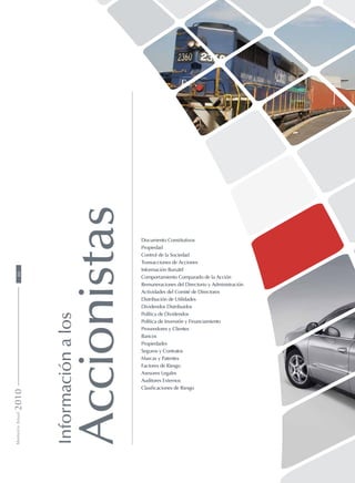 Informaciónalos
Accionistas
Documento Constitutivos
Propiedad
Control de la Sociedad
Transacciones de Acciones
Información Bursátil
Comportamiento Comparado de la Acción
Remuneraciones del Directorio y Administración
Actividades del Comité de Directores
Distribución de Utilidades
Dividendos Distribuidos
Política de Dividendos
Política de Inversión y Financiamiento
Proveedores y Clientes
Bancos
Propiedades
Seguros y Contratos
Marcas y Patentes
Factores de Riesgo
Asesores Legales
Auditores Externos
Clasificaciones de Riesgo
MemoriaAnual201060
 