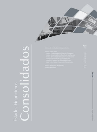 EstadosFinancieros
Consolidados
Página
Informe de los Auditores Independientes 71
Estados Financieros
Estados Consolidados de Situación Financiera 72
Estados Consolidados de Resultados por Función 74
Estados de Resultados Integrales Consolidados 75
Estado Consolidado de Flujo de Efectivo 76
Estado de Cambios en el Patrimonio Neto 77
Notas a los Estados Financieros Consolidados 78
Hechos Relevantes del Período 170
Análisis Razonado 172
69SigdoKoppersS.A.
 