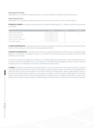Estado integral de resultados
Sigdo Koppers S.A. y sus afiliadas han optado por presentar sus estados de resultados consolidados clasificados por función.
Estado de flujo de efectivo
Sigdo Koppers S.A. y sus afiliadas han optado por presentar su estado de flujo de efectivo de acuerdo al método indirecto.
b) Período cubierto - Los presentes estados financieros consolidados de Sigdo Koppers S.A. y afiliadas comprenden los ejercicios que
se mencionan:
31.12.2010 31.12.2009 01.01.2009
Estado de situación financiera X X X
Estado de resultados por función X X
Estado de resultados integral X X
Estado de cambio en el patrimonio X X
Estado de flujo de efectivo X X
c) Bases de preparación - Los presentes estados financieros han sido preparados de acuerdo con Normas Internacionales de Información
Financiera (NIIF), emitidas por el International Accounting Standard Board (IASB).
d) Base de consolidación - Los presentes estados financieros consolidados comprenden los estados financieros consolidados de Sigdo
Koppers S.A. (“la Sociedad”) y sus afiliadas (“el Grupo” en su conjunto) lo cual incluye los activos, pasivos, resultados y flujos de efectivo de
la Sociedad y de sus afiliadas.
Los efectos de las transacciones significativas realizadas con las sociedades afiliadas han sido eliminados y el valor de la participación de los
accionistas minoritarios en el patrimonio neto y en los resultados de las sociedades afiliadas consolidadas se presenta, en el rubro “Patrimonio
neto; participaciones no controladoras” en los estados consolidados de situación financiera.
(i) Afiliadas: Una afiliada es una entidad sobre la cual Sigdo Koppers S.A. tiene la capacidad de poder regir las políticas operativas y financieras
para obtener beneficios a partir de sus actividades. Esta capacidad se manifiesta en general aunque no únicamente, por la propiedad directa o
indirecta del 50% o más de los derechos políticos de la Sociedad. Asimismo se consolidan por este método aquellas entidades en las que, a
pesar de no tener este porcentaje de participación, se entiende que sus actividades se realizan en beneficio de Sigdo Koppers S.A., estando ésta
expuesta a todos los riesgos y beneficios de la entidad dependiente. Los estados financieros consolidados incluyen todos los activos, pasivos,
ingresos, gastos y flujos de caja de la Sociedad y sus afiliadas después de eliminar los saldos y transacciones entre las empresas del Grupo.
MemoriaAnual201082
 