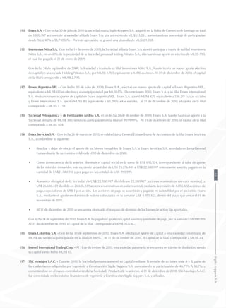 (10)	 Enaex S.A. - Con fecha 30 de julio de 2010 la sociedad matriz Sigdo Koppers S.A. adquirió en la Bolsa de Comercio de Santiago un total
de 3.820.767 acciones de la sociedad afiliada Enaex S.A. por un monto de MU$$33.281, aumentando su porcentaje de participación
desde 50,6240% a 53,73036%. Por esta operación, se generó una plusvalía de MUS$21.558.
(11)	 Inversiones Nittra S.A. Con fecha 14 de enero de 2009, la Sociedad afiliada Enaex S.A acordó participar a través de su filial Inversiones
Nittra S.A., en un 49% de la propiedad de la Sociedad peruana Holding Nitratos S.A., efectuando un aporte en efectivo de MUS$ 799,
el cual fue pagado el 21 de enero de 2009.
	 Con fecha 24 de septiembre de 2009, la Sociedad a través de su filial Inversiones Nittra S.A., ha efectuado un nuevo aporte efectivo
de capital en la asociada Holding Nitratos S.A., por MUS$ 1.703 equivalente a 4.900 acciones. Al 31 de diciembre de 2010, el capital
de la filial corresponde a MUS$ 2.700.
(12)	 Enaex Argentina SRL - Con fecha 30 de julio de 2009, Enaex S.A., efectuó un nuevo aporte de capital a Enaex Argentina SRL.,
equivalente a MUS$100 en efectivo y a un equipo móvil por MUS$176. Durante enero 2010, Enaex S.A. y su filial Enaex International
S.A. efectuaron nuevos aportes de capital en Enaex Argentina SRL. Enaex S.A. aportó MUS$ 425, equivalente a 536.211 cuotas sociales
y Enaex International S.A. aportó MUS$ 80, equivalente a 60.280 cuotas sociales. Al 31 de diciembre de 2010, el capital de la filial
corresponde a MUS$ 1.733.
(13)	 Sociedad Petroquímica y de Fertilizantes Andina S.A. - Con fecha 24 de diciembre de 2009, Enaex S.A. ha efectuado un aporte a la
Sociedad peruana de MUS$ 300, siendo su participación en la filial un 99,9999%. Al 31 de diciembre de 2010, el capital de la filial
corresponde a MUS$ 404.
(14)	 Enaex Servicios S.A. - Con fecha 26 de marzo de 2010, se celebró Junta General Extraordinaria de Accionistas de la filial Enaex Servicios
S.A., acordándose lo siguiente:
•	 Resciliar y dejar sin efecto el aporte de los bienes inmuebles de Enaex S.A. a Enaex Servicios S.A. acordado en Junta General
Extraordinaria de Accionistas celebrada el 10 de diciembre de 2008.
•	 Como consecuencia de lo anterior, disminuir el capital social en la suma de US$ 695.924, correspondiente al valor de aporte
de los referidos inmuebles, esto es, desde la cantidad de US$ 23.276.841 a US$ 22.580.917 enteramente suscrito, pagado en la
cantidad de US$21.580.918 y por pagar en la cantidad de US$ 999.999.
•	 Aumentar el capital de la Sociedad de US$ 22.580.917 dividido en 22.580.917 acciones nominativas sin valor nominal, a
US$ 26.636.339 dividido en 26.636.339 acciones nominativas sin valor nominal, mediante la emisión de 4.055.422 acciones de
pago, cuyo valor es de US$ 1 por acción. Las acciones de pago se suscribirán y pagarán en su totalidad por el accionista Enaex
S.A., mediante el aporte en dominio de activos valorizados en la suma de US$ 4.055.422, dentro del plazo que vence el 11 de
noviembre de 2011.
•	 Al 31 de diciembre de 2010 se encuentra efectuado el traspaso de dominio de los bienes de activo fijo aportados.
	 Con fecha 24 de septiembre de 2010, Enaex S.A. ha pagado el aporte de capital suscrito y pendiente de pago, por la suma de US$ 999.999.
Al 31 de diciembre de 2010, el capital de la filial, corresponde a MUS$ 26.636.-
(15)	 Enaex Colombia S.A. - Con fecha 30 de septiembre de 2010, Enaex S.A. efectuó un aporte de capital a esta sociedad colombiana de
MUS$ 44, siendo su participación en la filial un 100%. Al 31 de diciembre de 2010, el capital de la filial, corresponde a MUS$ 44.
(16)	 Inverell International Trading Corp. - Al 31 de diciembre de 2010, esta sociedad panameña se encuentra en trámite de disolución, siendo
su capital a esta fecha MUS$ 65.
(17)	 SSK Montajes S.A.C. - Durante 2010, la Sociedad peruana aumentó su capital mediante la emisión de acciones serie A y B, parte de
las cuales fueron adquiridas por Ingeniería y Construcción Sigdo Koppers S.A. aumentando su participación de 48,73% A 50,1%, y
convirtiéndose en el nuevo controlador de dicha Sociedad. Producto de lo anterior, al 31 de diciembre de 2010, SSK Montajes S.A.C.
fue consolidada en los estados financieros de Ingeniería y Construcción Sigdo Koppers S.A. y afiliadas.
85SigdoKoppersS.A.
 