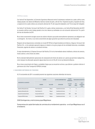 ( Estados Financieros Consolidados ) 227
	 (3) Otras causas:
Con fecha 07 de Septiembre, la Comisión Ergonómica Nacional emitió 5 dictámenes mediante los cuales califica como
trabajo pesado a las labores de Mecánico General, Auxiliar de patio, Jefe de Tren, Tripulante de patio y tripulante de línea,
y respecto de los cuales ordena una cotización adicional de 1% del cargo del empleador y de 1% de cargo del trabajador.
Con fecha 21 de Octubre, Ferrocarril del Pacífico S.A. apela a dichas resoluciones, y con fecha 28 de Noviembre del 2011
se resuelve calificar como trabajo pesado a las cinco labores ya señaladas con una cotización adicional del 1% a partir
del mes de diciembre de 2011.
No se tiene conocimiento de algún asunto de carácter tributario que pueda eventualmente representar una obligación real
o contingente. Así mismo, no se tiene conocimiento de algún gravamen que afecte los activos de la Sociedad.
Respecto de las disposiciones contenidas en circular Nº 979 de la Superintendencia de Valores y Seguros, Ferrocarril del
Pacífico S.A., no ha realizado operación alguna en relación a los giros propios de las entidades bancarias, sociedades
financieras, agentes de valores o corredores de bolsa.
A mayor abundamiento, la Empresa Ferrocarril del Pacífico S.A no ha intermediado valores mobiliarios, efectos de comercio,
títulos valores u otros títulos de crédito.
No ha realizado habitualmente operaciones de compraventa de títulos de valores con pactos que permitan readquirirlos,
como tampoco ha efectuado operación alguna descrita en el art 34 y 62 de la Ley General de Bancos.
No se tiene conocimiento de litigios o probables litigios que se encuentren activos y que afecten o pudieren afectar el
patrimonio de la filial Transportes FEPASA Limitada.
i. Cauciones obtenidas de terceros
Al 31 de diciembre de 2011 la sociedad presenta las siguientes cauciones obtenidas de terceros:
AcreedordelaGarantía
Deudor Activoscomprometidos
Saldos
Pendientes
LiberacióndeGarantías
Nombre Relación Operación
31.12.2011
MUS$
2012
MUS$
2013y
Siguientes
MUS$
IngenieríayMontajeSalvaLtda. PuertoVentanasS.A. Ninguna CumplimientodeContrato 13 13 -
IngenieríayMontajeSalvaLtda. PuertoVentanasS.A. Ninguna CumplimientodeContrato 17 17 -
EmpresaFerrocarrilesdelEstado FerrocarrildelPacificoS.A. Ninguna CumplimientodeContrato 1.999 1.999 -
TransportesFEPASALimitada CarlosRodolfoMoyaNilo Ninguna CumplimientodeContrato 89 89 -
33.8) Contingencias y restricciones grupo Magotteaux
Compromisos de capital derivados de contratos de arrendamiento operativo - en el que Magotteaux es el
arrendatario.
 