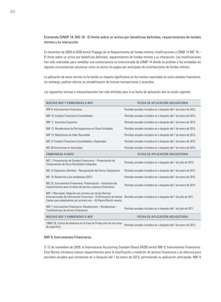 322
Enmienda CINIIF 14, NIC 19 - El límite sobre un activo por beneficios definidos, requerimientos de fondeo
mínimo y su interacción
En diciembre de 2009 el IASB emitió Prepago de un Requerimiento de fondeo mínimo, modificaciones a CINIIF 14 NIC 19 –
El límite sobre un activo por beneficios definidos, requerimientos de fondeo mínimo y su interacción. Las modificaciones
han sido realizadas para remediar una consecuencia no intencionada de CINIIF 14 donde se prohíbe a las entidades en
algunas circunstancias reconocer como un activo los pagos por anticipado de contribuciones de fondeo mínimo.
La aplicación de estas normas no ha tenido un impacto significativo en los montos reportados en estos estados financieros,
sin embargo, podrían afectar la contabilización de futuras transacciones o acuerdos.
Las siguientes normas e interpretaciones han sido emitidas pero a su fecha de aplicación aún no están vigentes:
Nuevas NIIF y Enmiendas a NIIF Fecha de aplicación obligatoria
NIIF 9, Instrumentos Financieros Períodos anuales iniciados en o después del 1 de enero de 2013.
NIIF 10, Estados Financieros Consolidados Períodos anuales iniciados en o después del 1 de enero de 2013.
NIIF 11, Acuerdos Conjuntos Períodos anuales iniciados en o después del 1 de enero de 2013.
NIIF 12, Revelaciones de Participaciones en Otras Entidades Períodos anuales iniciados en o después del 1 de enero de 2013.
NIIF 13, Mediciones de Valor Razonable Períodos anuales iniciados en o después del 1 de enero de 2013.
NIC 27 Estados Financieros Consolidados y Separados Períodos anuales iniciados en o después del 1 de enero de 2013.
NIC 28 Inversiones en Asociadas Períodos anuales iniciados en o después del 1 de enero de 2013.
Enmiendas a NIIFs Fecha de aplicación obligatoria
NIC 1, Presentación de Estados Financieros – Presentación de
Componentes de Otros Resultados Integrales
Períodos anuales iniciados en o después del 1 de julio de 2012.
NIC 12 Impuestos diferidos – Recuperación del Activo Subyacente Períodos anuales iniciados en o después del 1 de enero de 2012.
NIC 19, Beneficios a los empleados (2011) Períodos anuales iniciados en o después del 1 de enero de 2013.
NIC 32, Instrumentos Financieros: Presentación – Aclaración de
requerimientos para el neteo de activos y pasivos financieros
Períodos anuales iniciados en o después del 1 de enero de 2014.
NIIF 1 (Revisada), Adopción por primera vez de las Normas
Internacionales de Información Financiera – (i) Eliminación de fechas
fijadas para adoptadores por primera vez – (ii) Hiperinflación severa.
Períodos anuales iniciados en o después del 1 de julio de 2011.
NIIF 7, Instrumentos Financieros: Revelaciones – Revelaciones –
Transferencias de activos financieros.
Períodos anuales iniciados en o después del 1 de julio de 2011.
Nuevas NIIF y Enmiendas a NIIF Fecha de aplicación obligatoria
CINIIF 20, Costos de desbroce en la Fase de Producción de una mina
de superficie.
Períodos anuales iniciados en o después del 1 de enero de 2013.
NIIF 9, Instrumentos Financieros
El 12 de noviembre de 2009, el International Accounting Standard Board (IASB) emitió NIIF 9, Instrumentos Financieros.
Esta Norma introduce nuevos requerimientos para la clasificación y medición de activos financieros y es efectiva para
períodos anuales que comiencen en o después del 1 de enero de 2013, permitiendo su aplicación anticipada. NIIF 9
 
