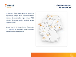 Servicios de Eficiencia Energética

“Grupo  Nexus Energía ofrece soluciones que ayudan a reducir el consumo energético,
disminuyendo la factura y contribuyendo a la mejora del medio ambiente”
Nexus Energía ofrece a sus clientes, a través    de las instalaciones energéticas a Nexus       ha consolidado el servicio de Medida
de su filial Nexus Renovables, productos         Renovables, que asegura la viabilidad          Inteligente Asistida (MIA) que, mediante
y soluciones para reducir su consumo             técnica y económica de los proyectos. Se       un contador digital inteligente y un
energético, comercializa energía verde y         ofertan bajo esta modalidad proyectos          software asociado, permite al cliente
actúa de manera proactiva para detectar          de biomasa térmica, alumbrado eficiente,       recibir información continua sobre sus
posibles puntos de mejora relativos al           baterías de condensadores, cogeneración        co ns um o s e n c ua l q ui e r o rd e na d o r,
suministro energético de sus clientes:           de alta eficiencia, etc. En esta línea Nexus   facilitando el control del consumo eléctrico
optimización de la potencia contratada,          Renovables actuará en 2012 como gestor         y la posibilidad de optimizar los hábitos.
supresión de los excesos de reactiva,            energético de 150 viviendas que disponen       Nexus Energía siempre ha tenido un
realización de auditorías energéticas y          de un sistema calefacción y de agua            firme y decidido compromiso con la
estudios de viabilidad para implementar          caliente sanitaria (ACS) centralizados, con    eficiencia energética, por lo que en 2012
medidas de reducción de consumo o de             sistemas de generación renovables y de         prevé seguir desarrollando
generación mediante fuentes renovables           alta eficiencia como la micro cogeneración     productos y servicios
(cogeneración, biomasa, etc.).                   y la solar térmica.                            que ayuden a
En 2011 Nexus Renovables prestó servicio a       Nexus Renovables invertirá en una nueva        sus clientes
unas 4.000 instalaciones de energía renovable,   planta de fabricación de pellets de madera     a co ns um i r
realizando el diseño e ingeniería de sistemas    cerca de Barcelona, con capacidad para         menos y
de Telemedida en Tiempo Real (TTR).              producir 13.000 ton/año. Se espera que         mejor.
Nexus Renovables es, asimismo, Empresa           inicie la producción en 2013, permitiendo
de Servicios Energéticos. Esta fórmula           ampliar la gama de productos energéticos
permite acceder a descuentos en la               con un combustible eficiente y respetuoso
energía desde el primer día, sin inversión       con el medio ambiente.
inicial, cediendo la gestión y mantenimiento     Durante el 2011, el Grupo Nexus Energía

                                                                                                                       ¿Qué hacemos?          pág.   9
 