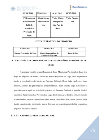 Museo Pazo de Tor


            12/ 01/ 2011          22/ 01/ 2011     10/ 02/ 2011    19/ 03/ 2011

             1ª Reunión ca        Visita Museo      Visita Museo   Visita Pazo de
             Coordinadora         Provincial do     Etnográfico         Tor
                da Rede                Mar          San Paio de
               Museística                                Narla
             Provincial de
                  Lugo


                             POSTA EN PRACTICA DO PROXECTO


         17/ 05/ 2011                     18/ 05/ 2011               21/ 05/ 2011

  Museo Provincial do Mar            Museo Etnográfico de            Pazo de Tor
                                      San Paio de Narla

4. 1ª REUNIÓN CA COORDINADORA DA REDE MUSEÍSTICA PROVINCIAL DE

                                                 LUGO


         A primeira reunión ca coordinadora da Rede Museística Provincial de Lugo tivo

  lugar no despacho da mesma, situado no Museo Provincial de Lugo, onde se presentou

  tamén a coordinadora do Máster en Servizos Culturais Dona Jodee Anderson. Nesta

  reunión, ademais das presentacións correspondentes, dona Encarna Lago explicounos o

  procedemento a seguir no período de prácticas e a forma de funcionar e traballar dende a
     cedemento

  xestión da Rede Museística Provincial de Lugo. Deste xeito, e xa dende o primeiro minuto,

  a coordinadora intentou transmitir no só os puntos clave dunha boa xestión cultu senón
                                                                             cultural

  tamén o puntos máis importantes que se deben de ter en conta para traballar en equipo e

  lograr os obxectivos fixados.


5. VISITA AO MUSEO PROVINCIAL DO MAR




                                                                                              75
 