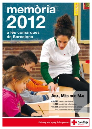 memòria
2012
Ara, Més que Mai
416.323 	persones ateses
	 11.320 	persones voluntàries
	134.296 persones i empreses sòcies
	711 	membres de l’equip tècnic
Barcelona
a les comarques
de Barcelona
 