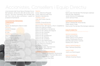 Memòria Anual 2012
Accionistes, Consellers i Equip Directiu
L’accionariat del Grup Nexus Energía ha so-
fert poques variacions des de la seva cons-
titució i els seus membres han brindat des
de l’inici tota la seva confiança i suport al
projecte empresarial.
ACCIONISTES PERSONES
JURÍDIQUES
Aragón
Aguas de Barbastro Electricidad
Asturias
Candin Energía
Baleares
El Gas
Catalunya
Agri-Energia Inversions
El Progreso Energía
Electra del Cardener
Eléctrica del Ebro
Eléctrica Vaquer
Energuix
Estabanell y Pahisa
Hidroeléctrica Bausen
Icasa Distribución Energía
La Eléctrica de Ripoll
Selga Energia
Hijos de José Bassols
Easy Energy Solutions
Galicia
Hca. De Laracha Energia
CE Energía Cartera
Madrid
Coop. Eléctrica Popular
Coop. Eléctrica del Pozo
Navarro Generación
Castilla y León
Juan de Frutos García
Melilla
Gaselec Diversificación
Comunidad Valenciana
Eléctrica Dist. de Fuerza y Alum. Casablanca
Eléctrica Algimia Alfara
Eléctrica Benéfica Catralense
Eléctrica de Callosa de Segura
Eléctrica de Castellar
Eléctrica de Chera
Eléctrica de Guadassuar
Eléctrica de Meliana
Eléctrica de Vinalesa
Eléctrica del Maestrazgo
Eléctrica Ntra. Sra. De Gracia
Fluido Eléctrico Museros
Covaersa Energías
Sum. Especiales Alginetenses
Elec. Benef. Albaretense
CONSELL D’ADMINISTRACIÓ
President: Albert Xalabarder Miramanda
Vicepresident: Carles Frontera Beccaria
Secretari: Pablo Bravo Vidal
Sotssecretari: Luis Díaz Díaz
Vocals:
Raimundo Fernández-Montenegro Iglesias
Manuel Mas Sebastià
Javier Alonso Arrizabalaga
Jordi Sarrias Prats
COMISSIÓ D’AUDITORIA
Albert Xalabarder Miramanda
Pablo Bravo Vidal
Raimundo Fernández-Montenegro Iglesias
EQUIP DIRECTIU
(a data de tancament d’aquesta memòria)
NEXUS ENERGÍA:
Jordi Sarrias Prats
Albert Rams Fontcuberta
Josep Pratdesaba Rovira
Desirée Zamorano Castilla
Noelia Ortiz García
NEXUS RENOVABLES:
Marc Pahissa Deulofeu
AXON TIME:
José Luis Domínguez
NEXUS ENERGIE:
Alfredo Huertas Rubio
Memòria Anual 2012
 