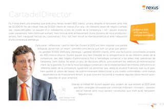 1pàg.
Fa 4 anys érem una empresa que amb prou feines teníem 900 clients, un any després el tancàvem amb més
de 52.000! El fet de créixer més de 51.000 clients en menys d’un any, i en diferents àrees de negoci comple-
xes i especialitzades, va requerir d’un sobreesforç a tots els nivells de la companyia. I, tot i aquest especta-
cular creixement, hem continuat sumant: hem innovat amb el llançament d’una dotzena de nous productes i
serveis, hem inaugurat l’actual seu corporativa i, fins i tot, hem iniciat la internacionalització amb l’adquisició
d’una companyia alemanya.
Calia parar i reflexionar. I així ho hem fet. Durant el 2012 ens hem imposat una parada
obligada, donar-nos un respir i prendre consciència que som un grup que gestio-
na gairebé 10.000 GWh/any d’energia i gairebé 60.000 clients, amb una facturació consolidada propera
als 900 milions d’euros. Durant aquest any hem treballat en la reorganització de les diferents àrees de la
companyia, des dels òrgans d’administració fins a l’estratègia comercial o les àrees més operatives de
l’empresa. Sens dubte, ha estat un any de decisions difícils, principalment les relatives al redimensiona-
ment de la plantilla, fruit de la nova estratègia comercial o de la implementació de millores d’eficiència en
diferents àrees de la companyia. Igualment cal esmentar que, atesa la situació financera que viu el país,
hem ajustat el volum de negoci de subministrament d’electricitat a uns nivells confortables i amb menys
dependència de finançament extern, la qual cosa ens ha portat a moderar algunes ràtios rècord acon-
seguides en anys anteriors.
Gràcies al treball fet durant aquest any, podem dir que entrem al 2013 amb
pas ferm i energies renovades per continuar millorant i innovant, i sorpren-
dre el mercat amb nous serveis i productes que molt aviat llançarem.
Segueix-nos!
CartadelDirector
 