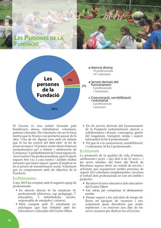 18
Fundació Centre Obert Joan Salvador Gavina
El Gavina és una entitat formada pels
beneﬁciaris atesos, treballadors, voluntaris,
patrons i donants. Els voluntaris van ser la força
motriu que fa 34 anys van permetre passar de la
idea “s’ha de fer alguna cosa amb els infants
que hi ha als carrers del barri xino” al fet de
posar en marxa “el primer centre diürn d’atenció
socioeducativa per a infants i adolescents de
Catalunya” (i probablement de l’estat espanyol).
Ara el sector s’ha professionalitzat, però l’esperit
segueix ben viu a casa nostra i acollim moltes
persones que tenen neguit i ganes d’implicar-se
en el procés de transformació social. Voluntaris
que es comprometen amb els objectius de la
Fundació.
ELS PROFESSIONALS
L’any 2013 ha comptat amb el següent equip de
professionals:
• En atenció directa hi ha implicats 14
professionals (directora, cap pedagògic, 7
educadors, 2 treballadores socials,
responsable de menjador i cuinera).
• Hem comptat amb 21 estudiants en
pràctiques que han treballat amb les
educadores i educador del Centre Obert.
• En els serveis derivats del funcionament
de la Fundació (administració, atenció a
coŀlaboradors i donats, consergeria, gestió
del magatzem, transport, neteja i suport
informàtic) hi ha 4 professionals.
• Pel que fa a la comunicació, sensibilització
i voluntariat, hi ha 2 professionals.
ELS VOLUNTARIS
La promoció de la qualitat de vida d’infants,
adolescents i joves —des dels 4 als 21 anys— i
les seves famílies del barri del Raval de
Barcelona suposa oferir un ventall de serveis i
activitats que requereixen moltes persones de
suport. Els voluntaris complementen i recolzen
el treball dels professionals en tots els àmbits i
projectes:
• Recolzen la tasca educativa dels educadors
del Centre Obert.
• Fan reforç per compensar el desfasament
escolar.
• Donen suport a les activitats de temps de
lleure en èpoques de vacances i ens
sorprenem quan descobrim que molts
repeteixen i es reserven uns dies de les
seves vacances per dedicar-los al Gavina.
1voluntari
2 professionals
i voluntariat
Comunicació, sensibilització
11voluntaris
4 professionals
funcionament
Serveis derivats del
141 voluntaris
14 professionals
Atenció directa
LES PERSONES DE LA
FUNDACIÓ
 