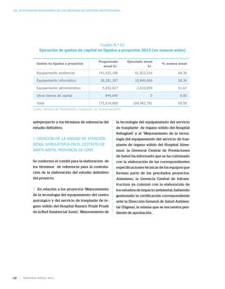 Memoria anual 2013138
III. Actividades relevantes de los sistemas de gestión institucional
anteproyecto y los términos de referencia del
estudio definitivo.
Creación de la unidad de atención
renal ambulatoria en el distrito de
Santa Anita, provincia de Lima
Se conformó el comité para la elaboración de
los términos de referencia para la contrata-
ción de la elaboración del estudio definitivo
del proyecto.
En relación a los proyectos ‘Mejoramiento
de la tecnología del equipamiento del centro
quirúrgico y del servicio de trasplante de ór-
gano sólido del Hospital Ramiro Prialé Prialé
de la Red Asistencial Junín’, ‘Mejoramiento de
la tecnología del equipamiento del servicio
de trasplante de órgano sólido del Hospital
Rebagliati’ y el “Mejoramiento de la tecno-
logía del equipamiento del servicio de tras-
plante de órgano sólido del Hospital Alme-
nara’, la Gerencia Central de Prestaciones
de Salud ha informado que se ha culminado
con la elaboración de las correspondientes
especificaciones técnicas de los equipos que
forman parte de los precitados proyectos.
Asimismo, la Gerencia Central de Infraes-
tructura ya culminó con la elaboración de
los estudios de impacto ambiental, habiendo
gestionado la certificación correspondiente
ante la Dirección General de Salud Ambien-
tal (Digesa), la misma que se encuentra pen-
diente de aprobación .
Cuadro N.° 62
Ejecución de gastos de capital no ligados a proyectos 2013 (en nuevos soles)
141,435,186
28,281,307
5,052,927
844,640
175,614,060
91,022,316
10,849,606
2,610,859
0
104,482,781
64.36
38.36
51.67
0.00
59.50
Equipamiento asistencial
Equipamiento informático
Equipamiento administrativo
Otros bienes de capital
Total
Fuente: Gerencia de Planeamiento y Evaluación de Inversiones-OCPD
Gastos no ligados a proyectos
Programado
anual S/.
Ejecutado anual
S/.
% avance anual
 