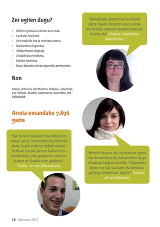 12 Memoria 2013
Zer egiten dugu?
•	 DBHko gradua lortzeko kurtsoak.
•	 Lanbide heziketa.
•	 Orientabide eta la merkaturatzea.
•	 Ikasketetan laguntza
•	 Alfabetizazio digitala
•	 Aisialdirako heziketa.
•	 Kaleko heziketa
•	 Bana-banako arreta eguenko zentruetan.
Non
Araba, Asturias, Bartzelona, Bizkaia, Gipuzkoa,
Las Palmas, Madril, Salamanca, Valentzia, eta
Valladolid.
Arreta emandako 7.896
gazte
“Beharbada gogorrena hurbiletik
gazte hauek dituzten arazo sozial
eta etxeko arazoen konplexutasuna
ikustea da” Virginia. Hezitzailea
(Bartzelona)
“Nik berriro ikasketei bueltatzearen
‘errua’ Adsis Fundazioko hezitzaileek
dute, haiek erakutsi didate zerbait
helburu bezala jartzen badut lortu
dezakedala, edo gutxienez saiatzen
banaiz ez dudala ezer galduko”.
Carlos. 20 urte (Bartzelona)
“Hemen ikastea eta institutuan egitea
oso desberdina da, irakasleekin dugu
erlazioari begira bereziki. “Irakasteko
beste era bat daukate eta denbora
gehiego eskeintzen digute”. Cristina.
18 urte (Gasteiz)
 