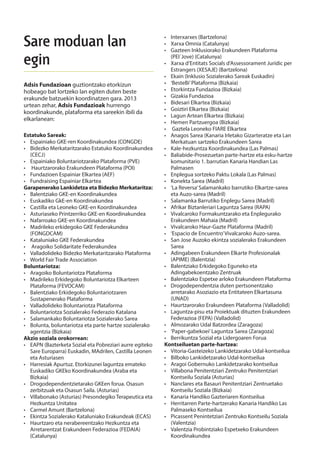 26 Memoria 2013
Sare moduan lan
egin
Estatuko Sareak:
•	 Espainiako GKE-ren Koordinakundea (CONGDE)
•	 Bidezko Merkataritzarako Estatuko Koordinakundea
(CECJ)
•	 Espainiako Boluntariotzarako Plataforma (PVE)
•	 Haurtzarorako Erakundeen Plataforma (POI)
•	 Fundazioen Espainiar Elkartea (AEF)
•	 Fundraising Espainiar Elkartea
Garapenerako Lankidetza eta Bidezko Merkataritza:
•	 Balentziako GKE-en Koordinakundea
•	 Euskadiko GkE-en Koordinakundea
•	 Castilla eta Leoneko GKE-en Koordinakundea
•	 Asturiaseko Printzerriko GKE-en Koordinakundea
•	 Nafarroako GKE-en Koordinakundea
•	 Madrileko erkidegoko GKE Federakundea
(FONGDCAM)
•	 Kataluniako GKE Federakundea
•	 Aragoiko Solidaritate Federakundea
•	 Valladolideko Bidezko Merkataritzarako Plataforma
•	 World Fair Trade Association
Boluntariotza:
•	 Aragoiko Boluntariotza Plataforma
•	 Madrileko Erkidegoko Boluntariotza Elkarteen
Plataforma (FEVOCAM)
•	 Balentziako Erkidegoko Boluntariotzaren
Sustapenerako Plataforma
•	 Valladolideko Boluntariotza Plataforma
•	 Boluntariotza Sozialerako Federazio Katalana
•	 Salamankako Boluntariotza Sozialerako Sarea
•	 Bolunta, boluntariotza eta parte hartze sozialerako
agentzia (Bizkaia)
Akzio soziala orokorrean:
•	 EAPN (Bazterketa Sozial eta Pobreziari aurre egiteko
Sare Europarra) Euskadin, MAdrilen, Castilla Leonen
eta Asturiasen
•	 Harresiak Apurtuz. Etorkizunei laguntza emateko
Euskadiko GKEko Koordinakundea (Araba eta
Bizkaia)
•	 Drogodependentzietarako GKEen forua. Osasun
zerbitzuak eta Osasun Saila. (Asturias)
•	 Villabonako (Asturias) Presondegiko Terapeutica eta
Hezkuntza Unitatea
•	 Carmel Amunt (Bartzelona)
•	 Ekintza Sozialerako Kataluniako Erakundeak (ECAS)
•	 Haurtzaro eta nerabereentzako Hezkuntza eta
Arretarentzat Erakundeen Federazioa (FEDAIA)
(Catalunya)
•	 Interxarxes (Bartzelona)
•	 Xarxa Omnia (Catalunya)
•	 Gazteen Inklusiorako Erakundeen Plataforma
(PEI´Jove) (Catalunya)
•	 Xarxa d’Entitats Socials d’Assessorament Jurídic per
Estrangers (XESAJE) (Bartzelona)
•	 Ekain (Inklusio Sozialerako Sareak Euskadin)
•	 ‘BesteBi’Plataforma (Bizkaia)
•	 Etorkintza Fundazioa (Bizkaia)
•	 Gizakia Fundazioa
•	 Bidesari Elkartea (Bizkaia)
•	 Goiztiri Elkartea (Bizkaia)
•	 Lagun Artean Elkartea (Bizkaia)
•	 Hemen Partzuergoa (Bizkaia)
•	 Gaztela Leoneko FIARE Elkartea
•	 Anagos Sarea (Kanaria Irletako Gizarteratze eta Lan
Merkatuan sartzeko Erakundeen Sarea
•	 Kale-hezkuntza Koordinakundea (Las Palmas)
•	 Baliabide-Prosezuetan parte-hartze eta esku-hartze
komunitario 1. barrutian Kanaria Handian Las
Palmasen
•	 Enplegua sortzeko Paktu Lokala (Las Palmas)
•	 Konekta Sarea (Madril)
•	 ‘La Reversa’Salamankako barrutiko Elkartze-sarea
eta Auzo-sarea (Madril)
•	 Salamanka Barrutiko Enplegu Sarea (Madril)
•	 Afrikar Biztanleriari Laguntza Sarea (RAPA)
•	 Vivalcaroko Formakuntzarako eta Enplegurako
Erakundeen Mahaia (Madril)
•	 Vivalcaroko Haur-Gazte Plataforma (Madril)
•	 ‘Espacio de Encuentro’Vivalcaroko Auzo-sarea.
•	 San Jose Auzoko ekintza sozialerako Erakundeen
Sarea
•	 Adingabeen Erakundeen Elkarte Profesionalak
(APIME) (Balentzia)
•	 Balentziako Erkidegoko Eguneko eta
Adingabekoentzako Zentruak
•	 Balentziako Espetxe arloko Erakundeen Plataforma
•	 Drogodependentzia duten pertsonentzako
arretarako Asoziazio eta Entitateen Elkartasuna
(UNAD)
•	 Haurtzarorako Erakundeen Plataforma (Valladolid)
•	 Laguntza-pisu eta Proiektuak dituzten Erakundeen
Federazioa (FEPA) (Valladolid)
•	 Almozarako Udal Batzordea (Zaragoza)
•	 ‘Paper-gabekoei’Laguntza Sarea (Zaragoza)
•	 Berrikuntza Sozial eta Lidergoaren Forua
Kontseiluetan parte-hartzea:
•	 Vitoria-Gasteizeko Lankidetzarako Udal-kontseilua
•	 Bilboko Lankidetzarako Udal-kontseilua
•	 Aragoi Gobernuko Lankidetzarako kontseilua
•	 Villabona Penitentziari Zentruko Penitentziari
Kontseilu Soziala (Asturias)
•	 Nanclares eta Basauri Penitentziari Zentruetako
Kontseilu Soziala (Bizkaia)
•	 Kanaria Handiko Gazteriaren Kontseilua
•	 Herritarren Parte-hartzerako Kanaria Handiko Las
Palmaseko Kontseilua
•	 Picassent Penintetziari Zentruko Kontseilu Soziala
(Valentzia)
•	 Valentzia Probintziako Espetxeko Erakundeen
Koordinakundea
Adsis Fundazioan guztiontzako etorkizun
hobeago bat lortzeko lan egiten duten beste
erakunde batzuekin koordinatzen gara. 2013
urtean zehar, Adsis Fundazioak hurrengo
koordinakunde, plataforma eta sareekin ibili da
elkarlanean:
 