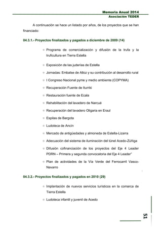 Memoria Anual 2014
Asociación TEDER
A continuación se hace un listado por años, de los proyectos que se han
financiado:
04.3.1.- Proyectos finalizados y pagados a diciembre de 2009 (14)
 Programa de comercialización y difusión de la trufa y la
truficultura en Tierra Estella
 Exposición de las juderías de Estella
 Jornadas: Embalse de Alloz y su contribución al desarrollo rural
 I Congreso Nacional pyme y medio ambiente (COPYMA)
 Recuperación Fuente de Iturriki
 Restauración fuente de Ecala
 Rehabilitación del lavadero de Narcué
 Recuperación del lavadero Oligaria en Eraul
 Espilas de Bargota
 Ludoteca de Ancín
 Mercado de antigüedades y almoneda de Estella-Lizarra
 Adecuación del sistema de iluminación del túnel Acedo-Zúñiga
 Difusión cofinanciación de los proyectos del Eje 4 Leader
PDRN – Primera y segunda convocatoria del Eje 4 Leader”
 Plan de actividades de la Vía Verde del Ferrocarril Vasco-
Navarro
04.3.2.- Proyectos finalizados y pagados en 2010 (29)
 Implantación de nuevos servicios turísticos en la comarca de
Tierra Estella
 Ludoteca infantil y juvenil de Acedo
 