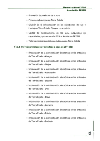 Memoria Anual 2014
Asociación TEDER
 Promoción de productos de la zona
 Fomento del Auzolan en Tierra Estella
 Difusión de la cofinanciación de los expedientes del Eje 4
Leader en Tierra Estella. Tercera convocatoria
 Gastos de funcionamiento de los GAL. Adquisición de
capacidades y promoción año 2010 – Asociación TEDER
 Talleres medioambientales en ludotecas de Tierra Estella
04.3.3- Proyectos finalizados y solicitado a pago en 2011 (83)
 Implantación de la administración electrónica en las entidades
de Tierra Estella - Abaigar
 Implantación de la administración electrónica en las entidades
de Tierra Estella - Olejua
 Implantación de la administración electrónica en las entidades
de Tierra Estella - Aranarache
 Implantación de la administración electrónica en las entidades
de Tierra Estella - Legaria
 Implantación de la administración electrónica en las entidades
de Tierra Estella –Oco
 Implantación de la administración electrónica en las entidades
de Tierra Estella - Etayo
 Implantación de la administración electrónica en las entidades
de Tierra Estella - Larraona
 Implantación de la administración electrónica en las entidades
de Tierra Estella - Eulate
 Implantación de la administración electrónica en las entidades
de Tierra Estella - Barbarin
 