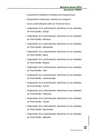Memoria Anual 2014
Asociación TEDER
 Equipamiento biblioteca y mediateca de Cirauqui/Cirauki
 Equipamiento audiovisual y escénico en Lazagurría
 Curso comercialización online en Tierras de Iranzu
 Implantación de la administración electrónica en las entidades
de Tierra Estella - Zúñiga
 Implantación de la administración electrónica en las entidades
de Tierra Estella - Mendaza
 Implantación de la administración electrónica en las entidades
de Tierra Estella - Mirafuentes
 Implantación de la administración electrónica en las entidades
de Tierra Estella - Nazar
 Implantación de la administración electrónica en las entidades
de Tierra Estella –Bargota
 Implantación de la administración electrónica en las entidades
de Tierra Estella – Allín
 Implantación de la administración electrónica en las entidades
de Tierra Estella – Améscoa Baja
 Implantación de la administración electrónica en las entidades
de Tierra Estella - Arróniz
 Implantación de la administración electrónica en las entidades
de Tierra Estella - Villatuerta
 Implantación de la administración electrónica en las entidades
de Tierra Estella – Azuelo
 Implantación de la administración electrónica en las entidades
de Tierra Estella - Espronceda
 Implantación de la administración electrónica en las entidades
de Tierra Estella - Metauten
 
