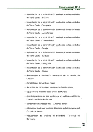 Memoria Anual 2014
Asociación TEDER
 Implantación de la administración electrónica en las entidades
de Tierra Estella – Lezáun
 Implantación de la administración electrónica en las entidades
de Tierra Estella - Sartaguda
 Implantación de la administración electrónica en las entidades
de Tierra Estella – Armañanzas
 Implantación de la administración electrónica en las entidades
de Tierra Estella – Torres del Río
 Implantación de la administración electrónica en las entidades
de Tierra Estella - Desojo
 Implantación de la administración electrónica en las entidades
de Tierra Estella – El Busto
 Implantación de la administración electrónica en las entidades
de Tierra Estella - Lazagurría
 Implantación de la administración electrónica en las entidades
de Tierra Estella – Sansol
 Restauración e iluminación ornamental de la muralla de
Cirauqui
 Rehabilitación de fuente en Nazar
 Rehabilitación del lavadero y entorno de Gastiáin - Lana
 Equipamiento de centro socio-juvenil de Murieta
 Acondicionamiento de tres senderos y un parking en el Monte
Limitaciones de las Améscoas.
 Sendero Local Améscoa Baja – Ameskoa Barren
 Adecuación local para ludoteca, biblioteca, aula informática del
Concejo de Meano
 Recuperación del lavadero de Baríndano – Concejo de
Baríndano
 