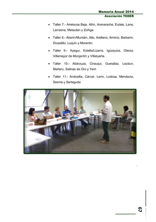 Memoria Anual 2014
Asociación TEDER
 Taller 7.- Améscoa Baja, Allín, Aranarache, Eulate, Lana,
Larraona, Metauten y Zúñiga
 Taller 8.- Aberin/Muniáin, Allo, Arellano, Arróniz, Barbarin,
Dicastillo, Luquin y Morentin.
 Taller 9.- Ayegui, Estella/Lizarra, Igúzquiza, Oteiza,
Villamayor de Monjardín y Villatuerta.
 Taller 10.- Abárzuza, Cirauqui, Guesálaz, Lezáun,
Mañeru, Salinas de Oro y Yerri
 Taller 11.- Andosilla, Cárcar, Lerín, Lodosa, Mendavia,
Sesma y Sartaguda
 
