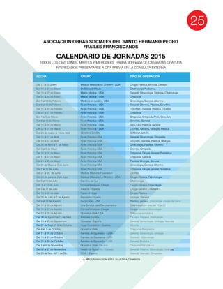 FECHA
Del 1 al 13 de Febrero
GRUPO
Dr. Edward Wilson
TIPO DE OPERACION
ASOCIACION OBRAS SOCIALES DEL SANTO HERMANO PEDRO
FRAILES FRANCISCANOS
CALENDARIO DE JORNADAS 2015
LA PROGRAMACIÓN ESTÁ SUJETA A CAMBIOS
 