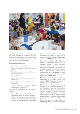 21Fundació Joan Salvador Gavina
odontològics, i altres necessitats bàsiques que
no estan cobertes ni garantides per les
administracions públiques, per tal que es pugui
assegurar un harmònic desenvolupament tant
físic com intel·lectual dels menors.
El projecte consisteix en:
- Servei d’esmorzars en família
- Servei de menjador escolar (amb cuinera
pròpia)
- Servei de berenars per a infants i adolescents
en el Centre Obert
- Servei de dutxes
- Servei de suport i acompanyament a
oftalmòlegs
- Servei de suport i acompanyament a
odontòlegs
- Altres necessitats: material escolar,
medicaments, transport, etc.
I les accions desenvolupades han estat les
següents:
- Servei d’esmorzars en família. Pretén ser
un moment pausat de relació entre pares i
ﬁlls, en el que es reforcin els hàbits
saludables de salut i higiene, alhora que
s’ofereix un esmorzar equilibrat que inclou
làctics, fruita i cereals. A més, els infants
s’emporten un entrepà o fruita, per a
esmorzar a l’escola. Hem atès 43 persones
i hem repartit 1.900 esmorzars.
- Servei de menjador escolar. Adreçat a
infants o adolescents sense beca de
menjador escolar i amb ingressos
econòmics insuﬁcients per a fer front a una
alimentació equilibrada. Les famílies han
vingut derivades, en un 60% dels casos, pels
Serveis Socials del barri i de les escoles o
instituts. Hem atès a 110 infants, en edats
compreses entre els 4 i els 18 anys. Hem
repartit més de 8.300 àpats.
- Servei de berenars per a infants i
adolescents en el Centre Obert. Hem
repartit 17.100 berenars als infants i
adolescents atesos per la Fundació.
- Servei de dutxes. Dirigit a famílies que no
disposen de les condicions mínimes en el
seu habitatge, o que han patit talls de
subministraments per falta de pagament
(pobresa energètica). Permet fomentar
hàbits normalitzats d’higiene personal de
manera regular, tant de famílies ateses
directament per la Fundació, com derivades
per Serveis Socials. Hem atès a 4 persones.
- Servei de suport i acompanyament a
oftalmòlegs.Adreçatainfantsiadolescents
 