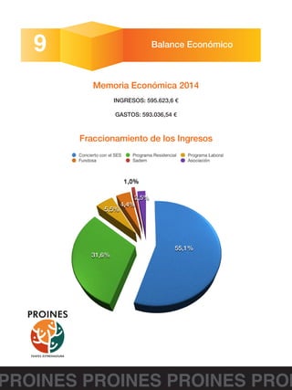 PROINES PROINES PROINES PROI
9 Balance Económico
Memoria Económica 2014
INGRESOS: 595.623,6 €
GASTOS: 593.036,54 €
Fraccionamiento de los Ingresos
 
