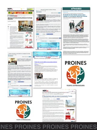 INES PROINES PROINES PROINES
Proines hace un mercadillo con sus propios productos
Sábado, 21 Junio 2014 |
DON BENITO
Modificar el tamaño de letra:
La Asociación de Familiares de Personas con Enfermedad Mental (Proines)
celebró este viernes un mercadillo con productos frescos en los soportales del
ayuntamiento de Don Benito.
En este mercadillo vendieron a módicos precios productos hortícolas
recolectados en los huertos que gestiona Proines en el Polígono San Isidro con
participación de usuarios del colectivo. Había pimientos, acelgas, tomates, etc
El propósito es dar continuidad a este mercadillo instalándolo en próximos
días en la plaza Roja.
La Asociación de Familiares de Personas con
Enfermedad Mental (Proines) celebró este viernes un mercadillo con
productos frescos en los soportales del ayuntamiento de Don Benito.
En este mercadillo vendieron a módicos precios productos hortícolas
recolectados en los huertos que gestiona Proines en el Polígono San Isidro con
participación de usuarios del colectivo. Había pimientos, acelgas, tomates, etc.
El propósito es dar continuidad a este mercadillo instalándolo en próximos
días en la plaza Roja.
 