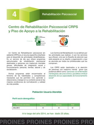 PROINES PROINES PROINES PROI
4 Rehabilitación Psicosocial
Centro de Rehabilitación Psicosocial CRPS
y Piso de Apoyo a la Rehabilitación
Población Usuaria Atendida
Perfil socio demográfico:
Pacientes atendidos Hombres Mujeres Total
Año 2014 46 46 92
Un Centro de Rehabilitación psicosocial (en
adelante CRPS) es un recurso específico diseñado
para el desarrollo de actividades rehabilitadoras.
Es un servicio de día que ofrece programas
estructurados de rehabilitación psicosocial
destinados a personas con trastornos mentales
graves, dificultades de integración social y
funcionamiento personal, familiar, laboral y de
socialización.
Dichos programas están encaminados al
fomento de las habilidades y competencias
necesarias que les permiten vivir, aprender a
relacionarse y trabajar en su contexto social en las
mejores condiciones de normalización y calidad
de vida posible.
Los Centros de Rehabilitación no se definen por
las actividades que realizan, ni por los servicios
que ofrecen, sino por la filosofía de atención que
está presente en su diseño y organización y que
es asumida por todos los profesionales que los
componen.
Los CRPS están destinados a la atención
de personas con trastorno mental grave que
podemos definir como “personas con enfermedad
mental grave, de curso crónico, que altera o limita el
desarrollo de sus capacidades de funcionamiento
social”
Financia : Gestiona :
A lo largo del año 2014, se han dado 25 altas.
 
