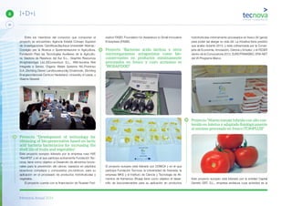 Memoria Anual 2014
30
6 I+D+i
Entre los miembros del consorcio que componen el
proyecto se encuentran; Agencia Estatal Consejo Superior
de Investigaciones Científicas,Bauhaus-Universität Weimar,-
Consiglio per la Ricerca e Sperimentazione in Agricoltura,
Fundación Para las Tecnologías Auxiliares de la Agricultu-
ra, Gestora de Residuos del Sur S.L., Graphite Resources
(Knightsbridge) Ltd.,IDConsortium S.L., IRIS-Isontina Reti
Integrate e Servizi, Organic Waste Systems NV.,Proininso
S.A.,Stichting Dienst Landbouwkundig Onderzoek, Stichting
Energieonderzoek Centrum Nederland, University of Leeds, y
Vlaams Gewest.
Proyecto “Development of technology for
obtaining of bio-preservative based on lactic
acid bacteria bacteriocins for increasing the
shelf life of fruits and vegetables”.
Este proyecto europeo liderado por la empresa rusa HVE
“KemIFST y en el que participa activamente Fundación Tec-
nova, tiene como objetivo el Desarrollo de alimentos funcio-
nales para la prevención del cáncer, basados en péptidos
bioactivos complejos y compuestos pro-bióticos, para su
aplicación en el procesado de productos hortofrutícolas y
vegetales.
El proyecto cuenta con la financiación de Russian Fed-
eration FASEI: Foundation for Assistance to Small Innovative
Enterprises (FASIE).
Proyecto “Bacterias ácido lácticas y otros
microorganismos antagonistas como bio-
conservantes en productos mínimamente
procesados en fresco y cuyo acrónimo es
“BIOSAFOOD”
El proyecto europeo está liderado por DOMCA y en el que
participa Fundación Tecnova, la Universidad de Granada, la
empresa MKS y el Instituto de Ciencia y Tecnología de Ali-
mentos de Kemerovo (Rusia) tiene como objetivo el desar-
rollo de bioconservantes para su aplicación en productos
hortofrutícolas mínimamente procesados en fresco (IV gama)
para poder así alargar su vida útil. La iniciativa tiene previsto
que acabe durante 2015, y está cofinanciada por la Conse-
jería de Economía, Innovación, Ciencia y Empleo, y el FEDER
dentro de la Convocatoria 2012, EUROTRANSBIO, ERA-NET
del VII Programa Marco.
Proyecto “Nuevo tomate híbrido con alto con-
tenido en luteína y adaptado ﬁsiológicamente
al mínimo procesado en fresco (TOMPLUS)”
Este proyecto europeo está liderado por la entidad Capital
Genetic EBT, S.L., empresa andaluza cuya actividad es la
 