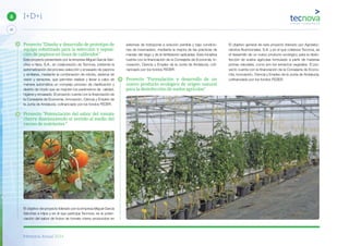 Memoria Anual 2014
42
6 I+D+i
El objetivo general de este proyecto liderado por Agrolabo-
ratorios Nutricionales, S.A. y en el que colabora Tecnova, es
el desarrollo de un nuevo producto ecológico para la desin-
fección de suelos agrícolas formulado a partir de materias
primas naturales, como son los extractos vegetales. El pro-
yecto cuenta con la financiación de la Consejería de Econo-
mía, Innovación, Ciencia y Empleo de la Junta de Andalucía,
cofinanciado por los fondos FEDER.
sistemas de hidroponía a solución perdida y bajo condicio-
nes de invernadero, mediante la mejora de las prácticas de
manejo del riego y de la fertilización aplicadas. Esta iniciativa
cuenta con la financiación de la Consejería de Economía, In-
novación, Ciencia y Empleo de la Junta de Andalucía, cofi-
nanciado por los fondos FEDER.
Proyecto “Formulación y desarrollo de un
nuevo producto ecológico de origen natural
para la desinfección de suelos agrícolas”
Proyecto “Diseño y desarrollo de prototipo de
equipo robotizado para la selección y reposi-
ción de pepinos en línea de calibrador”
Este proyecto presentado por la empresa Miguel García Sán-
chez e hijos, S.A., en colaboración de Tecnova, pretende la
automatización del proceso selección y envasado de pepinos
y similares, mediante la combinación de robots, sistema de
visión y sensores, que permitan realizar y llevar a cabo de
manera automática un complejo proceso de clasificación y
destrío de modo que se mejoren los parámetros de calidad,
higiene y envasado. El proyecto cuenta con la financiación de
la Consejería de Economía, Innovación, Ciencia y Empleo de
la Junta de Andalucía, cofinanciado por los fondos FEDER.
Proyecto “Potenciación del sabor del tomate
cherry disminuyendo el vertido al medio del
exceso de nutrientes “
El objetivo del proyecto liderado por la empresa Miguel García
Sánchez e Hijos y en el que participa Tecnova, es la poten-
ciación del sabor de frutos de tomate cherry producidos en
 