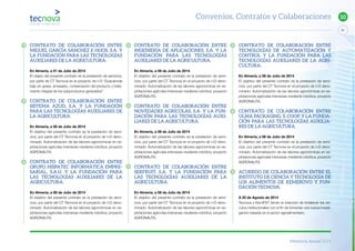 Memoria Anual 2014
91
10
CONTRATO DE COLABORACIÓN ENTRE
MIGUEL GARCÍA SÁNCHEZ E HIJOS, S.A. Y
LA FUNDACIÓN PARA LAS TECNOLOGÍAS
AUXILIARES DE LA AGRICULTURA.
En Almería, a 01 de Julio de 2014
El objeto del presente contrato es la prestación de servicios,
por parte de CT Tecnova en el proyecto de I+D “Guacamole
bajo en grasa, envasado, conservación del producto y trata-
miento integral de los subproductos generados”
CONTRATO DE COLABORACIÓN ENTRE
SISTEMA AZUD, S.A. Y LA FUNDACIÓN
PARA LAS TECNOLOGÍAS AUXILIARES DE
LA AGRICULTURA.
En Almería, a 08 de Julio de 2014
El objetivo del presente contrato es la prestación de servi-
cios, por parte del CT Tecnova en el proyecto de I+D deno-
minado: Automatización de las labores agronómicas en ex-
plotaciones agrícolas intensivas mediante robótica, proyecto
AGRONAUTA.
CONTRATO DE COLABORACIÓN ENTRE
GRUPO HISPATEC INFORMÁTICA EMPRE-
SARIAL, S.A.U. Y LA FUNDACIÓN PARA
LAS TECNOLOGÍAS AUXILIARES DE LA
AGRICULTURA.
En Almería, a 08 de Julio de 2014
El objetivo del presente contrato es la prestación de servi-
cios, por parte del CT Tecnova en el proyecto de I+D deno-
minado: Automatización de las labores agronómicas en ex-
plotaciones agrícolas intensivas mediante robótica, proyecto
AGRONAUTA.
CONTRATO DE COLABORACIÓN ENTRE
INGENIERÍA DE APLICACIONES, S.A. Y LA
FUNDACIÓN PARA LAS TECNOLOGÍAS
AUXILIARES DE LA AGRICULTURA.
En Almería, a 08 de Julio de 2014
El objetivo del presente contrato es la prestación de servi-
cios, por parte del CT Tecnova en el proyecto de I+D deno-
minado: Automatización de las labores agronómicas en ex-
plotaciones agrícolas intensivas mediante robótica, proyecto
AGRONAUTA.
CONTRATO DE COLABORACIÓN ENTRE
NOVEDADES AGRÍCOLAS, S.A. Y LA FUN-
DACIÓN PARA LAS TECNOLOGÍAS AUXI-
LIARES DE LA AGRICULTURA.
En Almería, a 08 de Julio de 2014
El objetivo del presente contrato es la prestación de servi-
cios, por parte del CT Tecnova en el proyecto de I+D deno-
minado: Automatización de las labores agronómicas en ex-
plotaciones agrícolas intensivas mediante robótica, proyecto
AGRONAUTA.
CONTRATO DE COLABORACIÓN ENTRE
SERFRUIT, S.A. Y LA FUNDACIÓN PARA
LAS TECNOLOGÍAS AUXILIARES DE LA
AGRICULTURA.
En Almería, a 08 de Julio de 2014
El objetivo del presente contrato es la prestación de servi-
cios, por parte del CT Tecnova en el proyecto de I+D deno-
minado: Automatización de las labores agronómicas en ex-
plotaciones agrícolas intensivas mediante robótica, proyecto
AGRONAUTA.
CONTRATO DE COLABORACIÓN ENTRE
TECNOLOGÍAS DE AUTOMATIZACIÓN Y
CONTROL Y LA FUNDACIÓN PARA LAS
TECNOLOGÍAS AUXILIARES DE LA AGRI-
CULTURA.
En Almería, a 08 de Julio de 2014
El objetivo del presente contrato es la prestación de servi-
cios, por parte del CT Tecnova en el proyecto de I+D deno-
minado: Automatización de las labores agronómicas en ex-
plotaciones agrícolas intensivas mediante robótica, proyecto
AGRONAUTA.
CONTRATO DE COLABORACIÓN ENTRE
ULMA PACKAGING, S. COOP. Y LA FUNDA-
CIÓN PARA LAS TECNOLOGÍAS AUXILIA-
RES DE LA AGRICULTURA.
En Almería, a 08 de Julio de 2014
El objetivo del presente contrato es la prestación de servi-
cios, por parte del CT Tecnova en el proyecto de I+D deno-
minado: Automatización de las labores agronómicas en ex-
plotaciones agrícolas intensivas mediante robótica, proyecto
AGRONAUTA.
ACUERDO DE COLABORACIÓN ENTRE EL
INSTITUTO DE CIENCIA Y TECNOLOGÍA DE
LOS ALIMENTOS DE KEMEROVO Y FUN-
DACIÓN TECNOVA.
A 20 de Agosto de 2014
Tecnova y KemIFST tienen la intención de fortalecer los vín-
culos institucionales con el fin de fomentar una nueva investi-
gación basada en el sector agroalimentario.
Convenios, Contratos y Colaboraciones
 